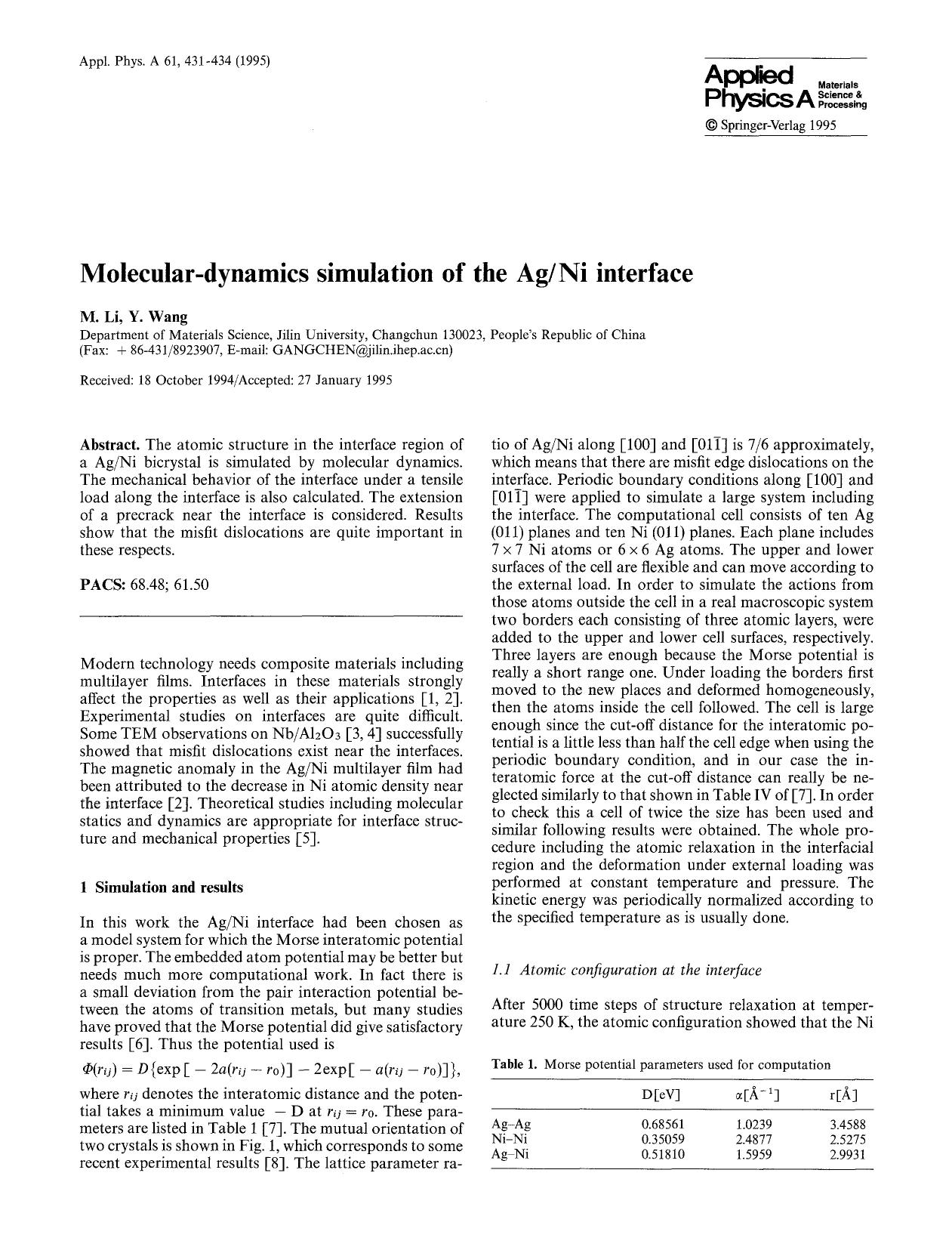 Molecular-dynamics simulation of the AgNi interface by Unknown
