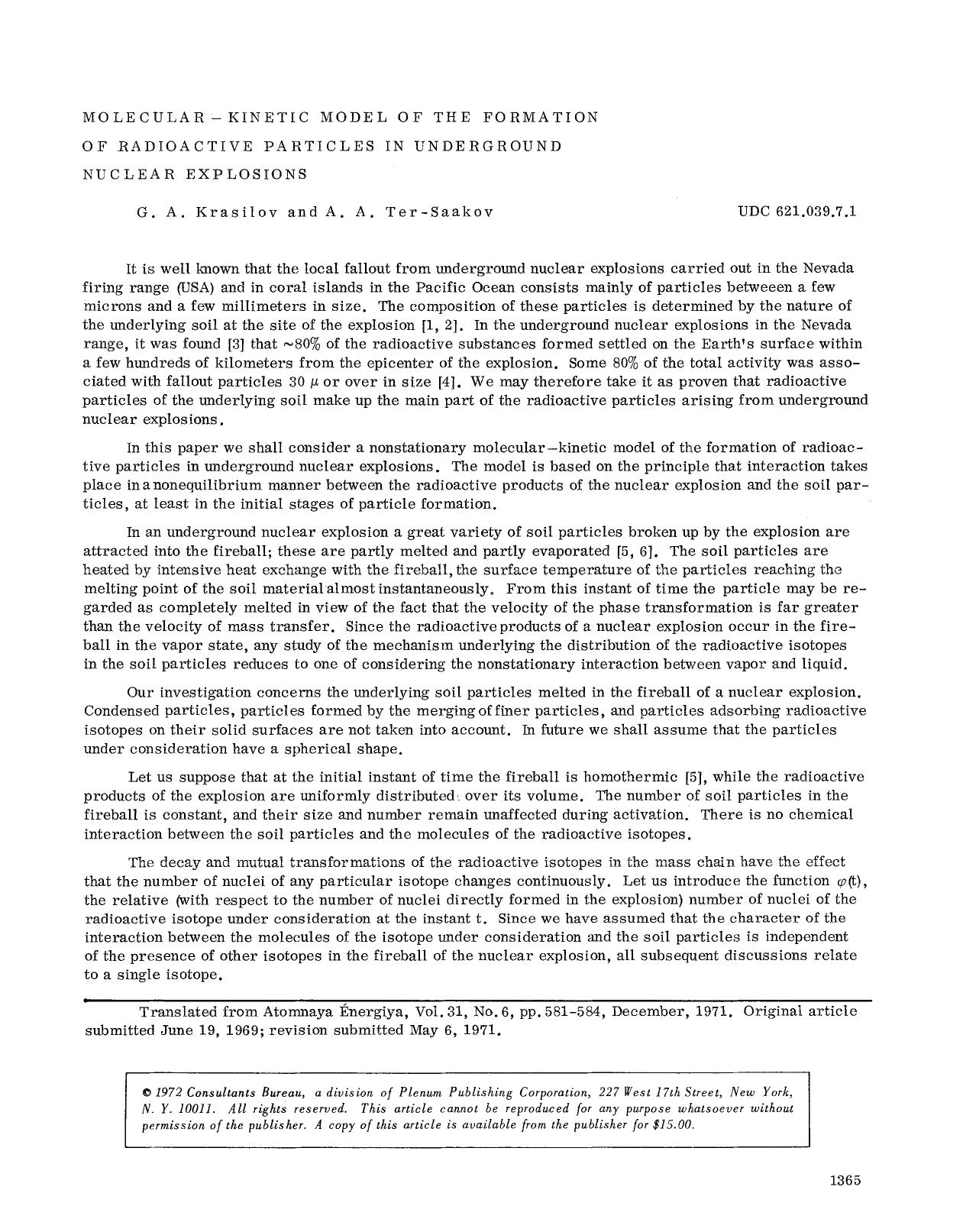 Molecular-kinetic model of the formation of radioactive particles in underground nuclear explosions by Unknown