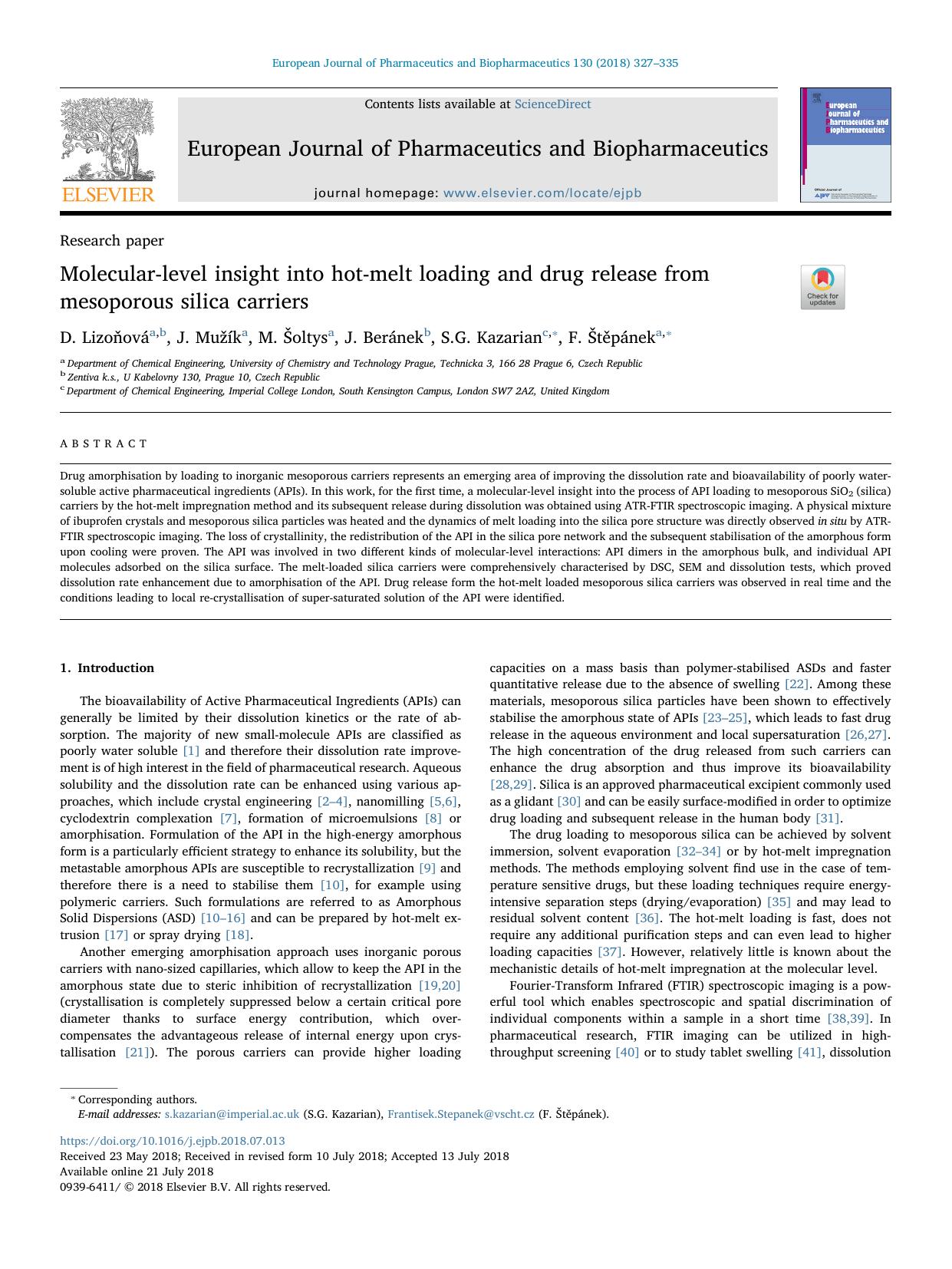 Molecular-level insight into hot-melt loading and drug release from mesoporous silica carriers by D. Lizoňová & J. Mužík & M. Šoltys & J. Beránek & S.G. Kazarian & F. Štěpánek