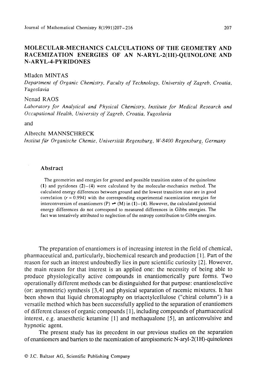 Molecular-mechanics calculations of the geometry and racemization energies of an N-aryl-2(1H)-quinolone and N-aryl-4-pyridones by Unknown