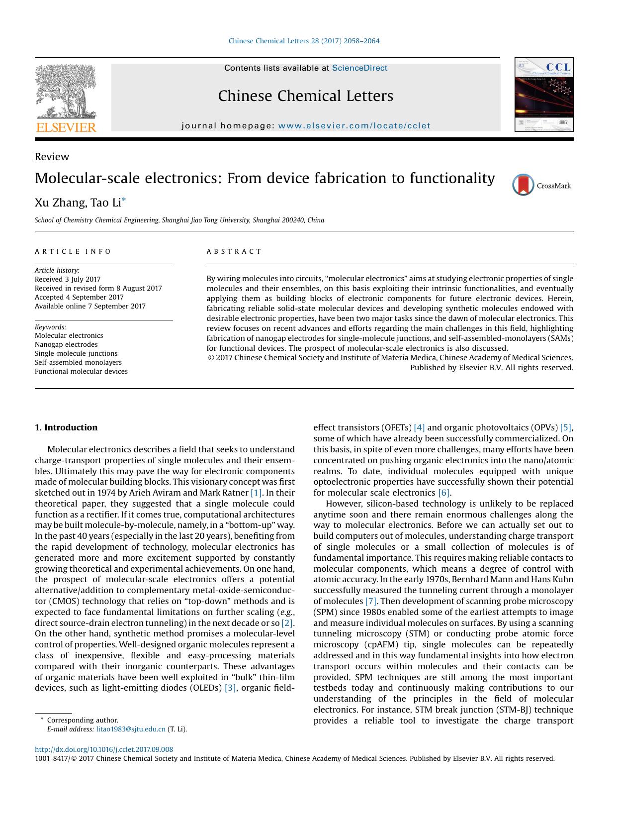Molecular-scale electronics: From device fabrication to functionality by Xu Zhang & Tao Li
