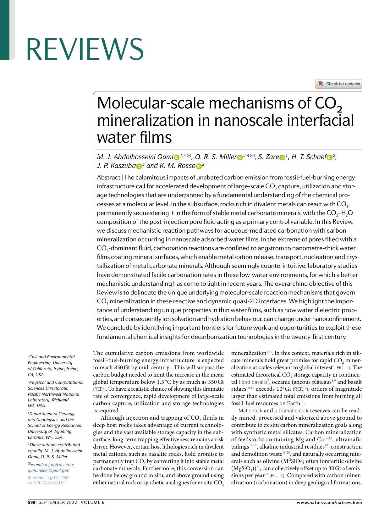 Molecular-scale mechanisms of CO2 mineralization in nanoscale interfacial water films by M. J. Abdolhosseini Qomi & Q. R. S. Miller & S. Zare & H. T. Schaef & J. P. Kaszuba & K. M. Rosso