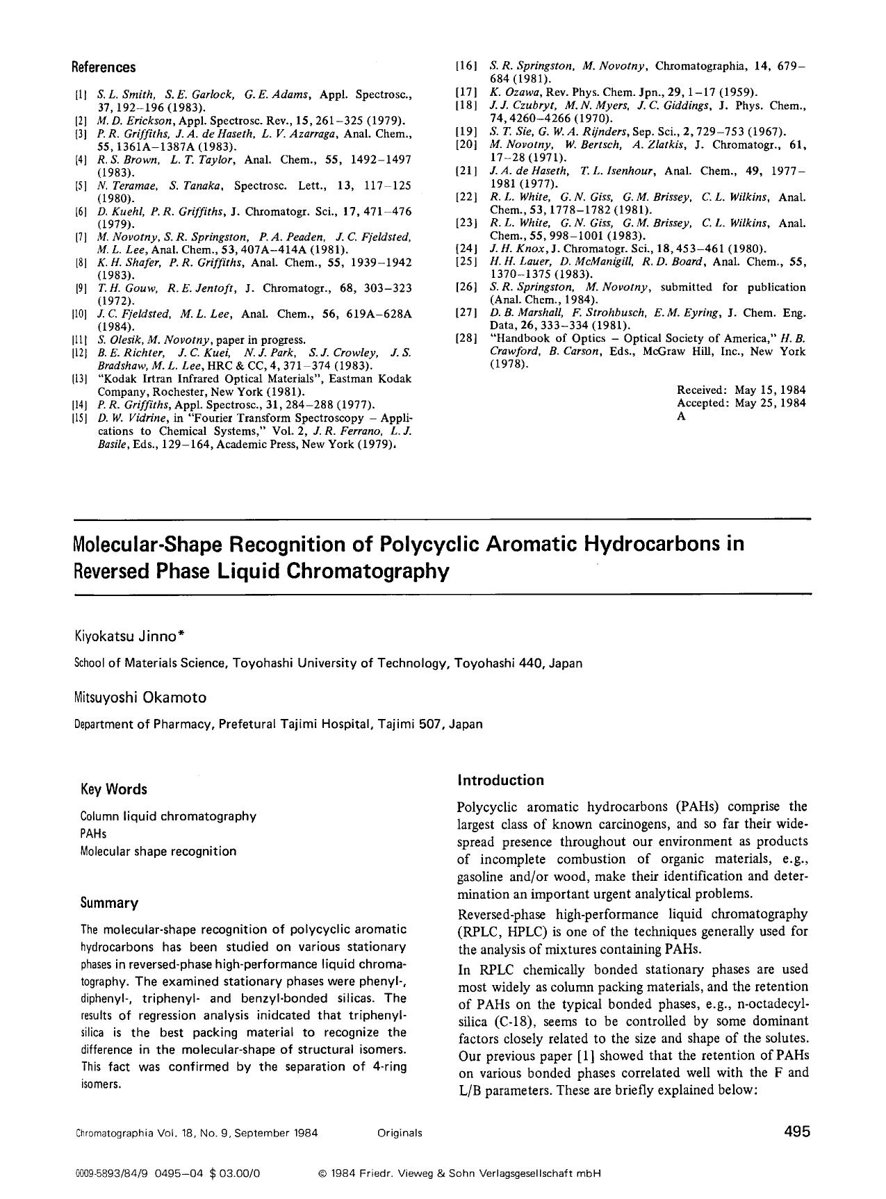 Molecular-shape recognition of polycyclic aromatic hydrocarbons in reversed phase liquid chromatography by Unknown