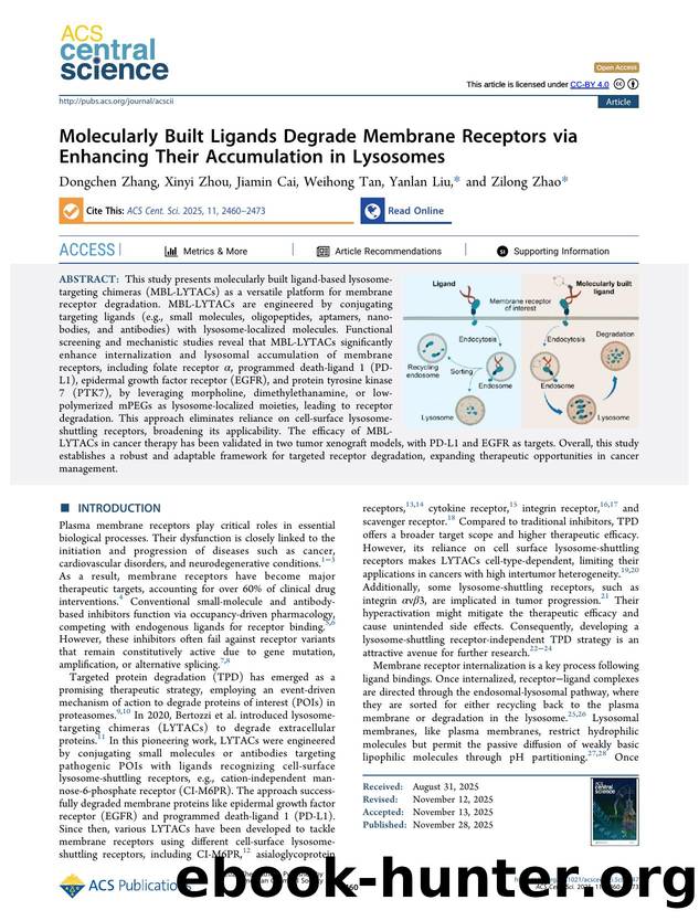Molecularly Built Ligands Degrade Membrane Receptors via Enhancing Their Accumulation in Lysosomes by Dongchen Zhang & Xinyi Zhou & Jiamin Cai & Weihong Tan & Yanlan Liu & Zilong Zhao