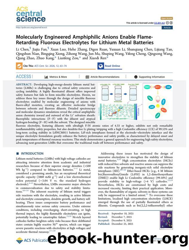 Molecularly Engineered Amphiphilic Anions Enable Flame-Retarding Fluorous Electrolytes for Lithium Metal Batteries by unknow