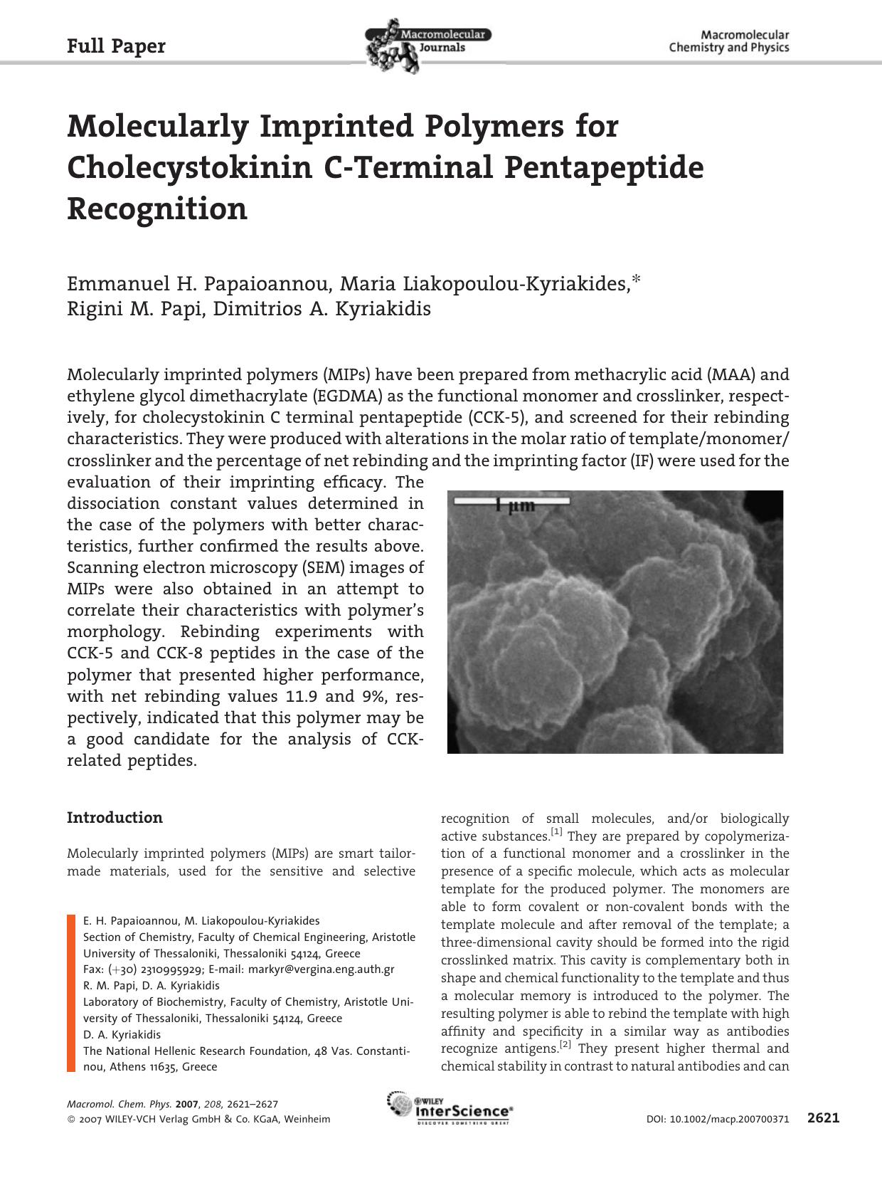 Molecularly Imprinted Polymers for Cholecystokinin C-Terminal Pentapeptide Recognition by Unknown