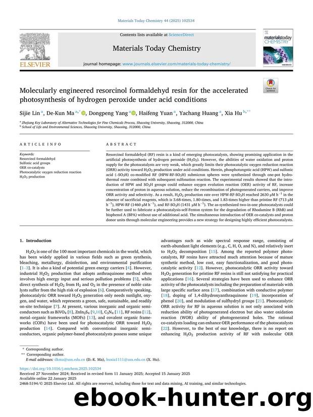 Molecularly engineered resorcinol formaldehyd resin for the accelerated photosynthesis of hydrogen peroxide under acid conditions by Sijie Lin & De-Kun Ma & Dongpeng Yang & Haifeng Yuan & Yachang Huang & Xia Hu