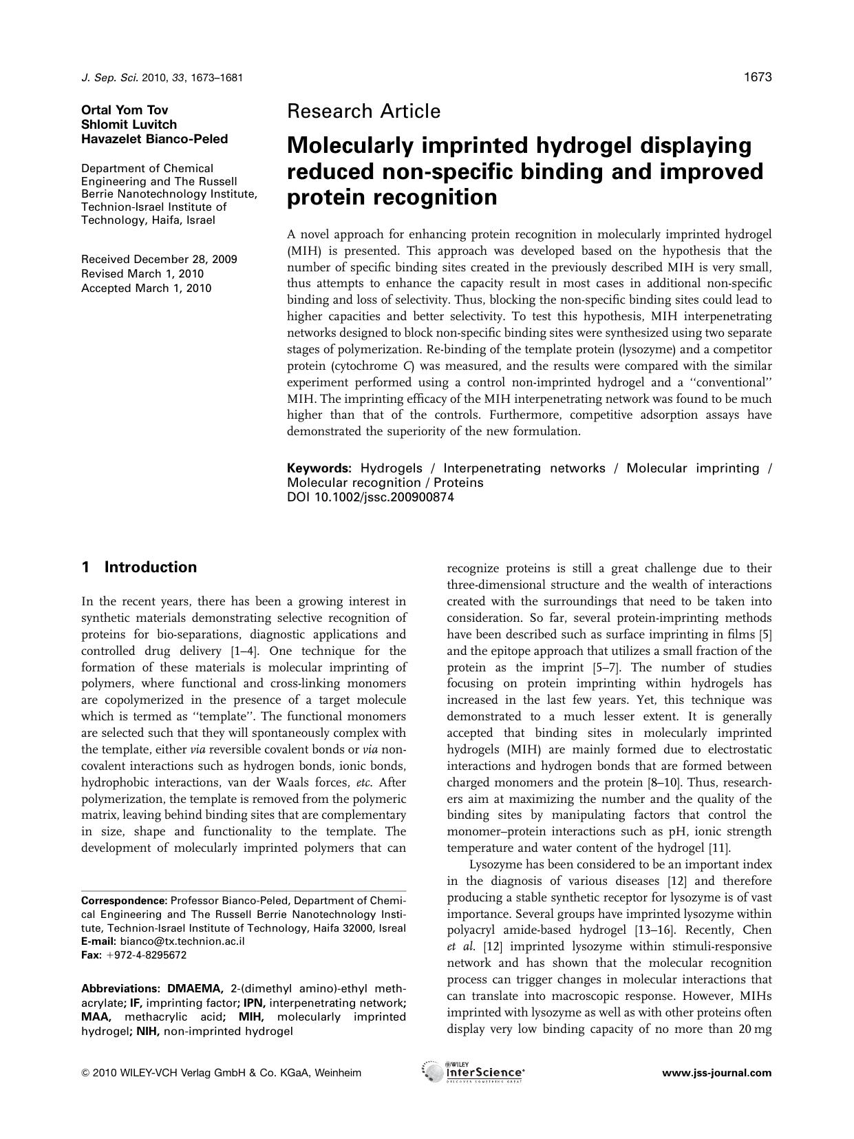 Molecularly imprinted hydrogel displaying reduced non?specific binding and improved protein recognition by Unknown