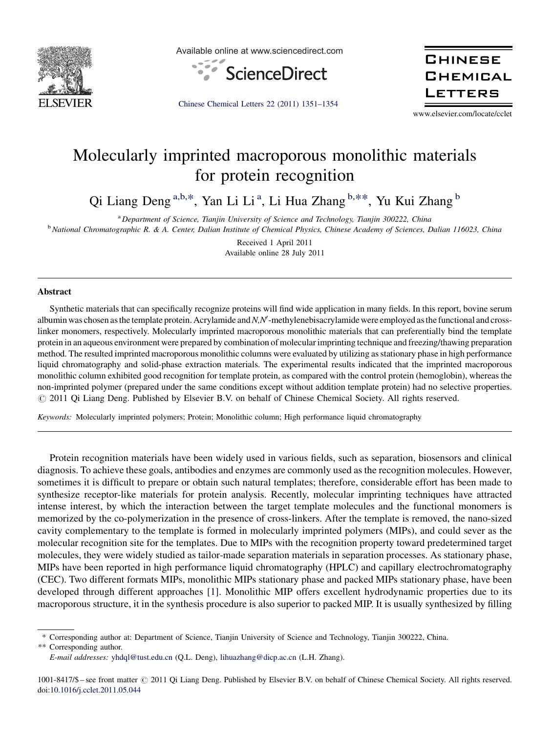 Molecularly imprinted macroporous monolithic materials for protein recognition by Qi Liang Deng