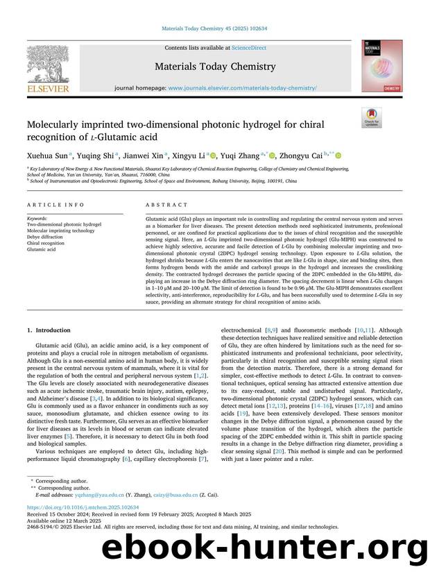 Molecularly imprinted two-dimensional photonic hydrogel for chiral recognition of l -Glutamic acid by Xuehua Sun & Yuqing Shi & Jianwei Xin & Xingyu Li & Yuqi Zhang & Zhongyu Cai