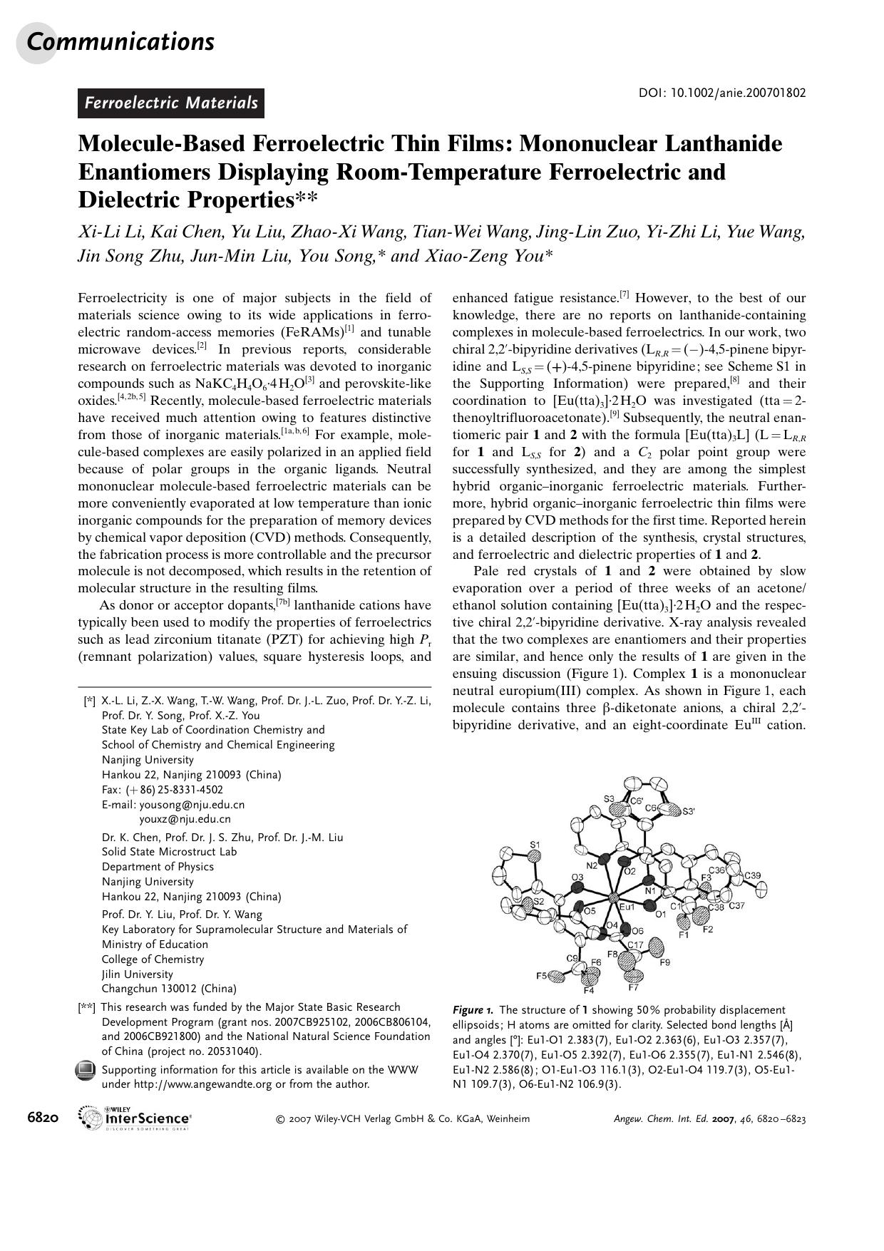 Molecule-Based Ferroelectric Thin Films: Mononuclear Lanthanide Enantiomers Displaying Room-Temperature Ferroelectric and Dielectric Properties by Unknown