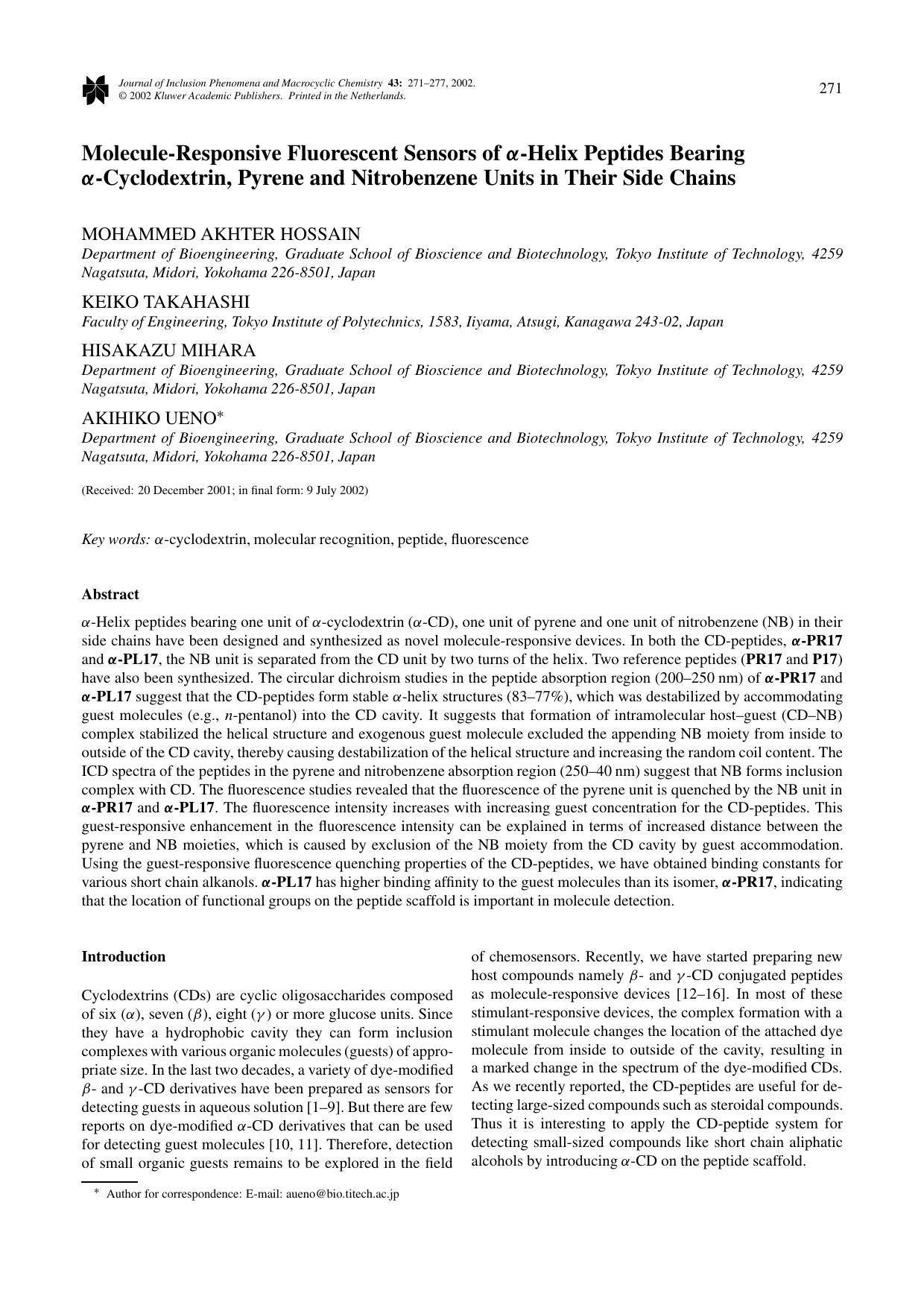 Molecule-Responsive Fluorescent Sensors of <Emphasis Type="Bold">&#x03B1;<Emphasis>-Helix Peptides Bearing <Emphasis Type="Bold">&#x03B1;<Emphasis>-Cyclodextrin, Pyrene and Nitrobe by Unknown