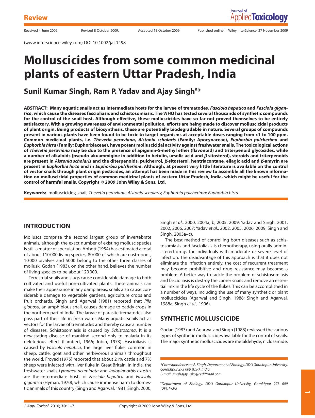 Molluscicides from some common medicinal plants of eastern Uttar Pradesh, India by pc_251