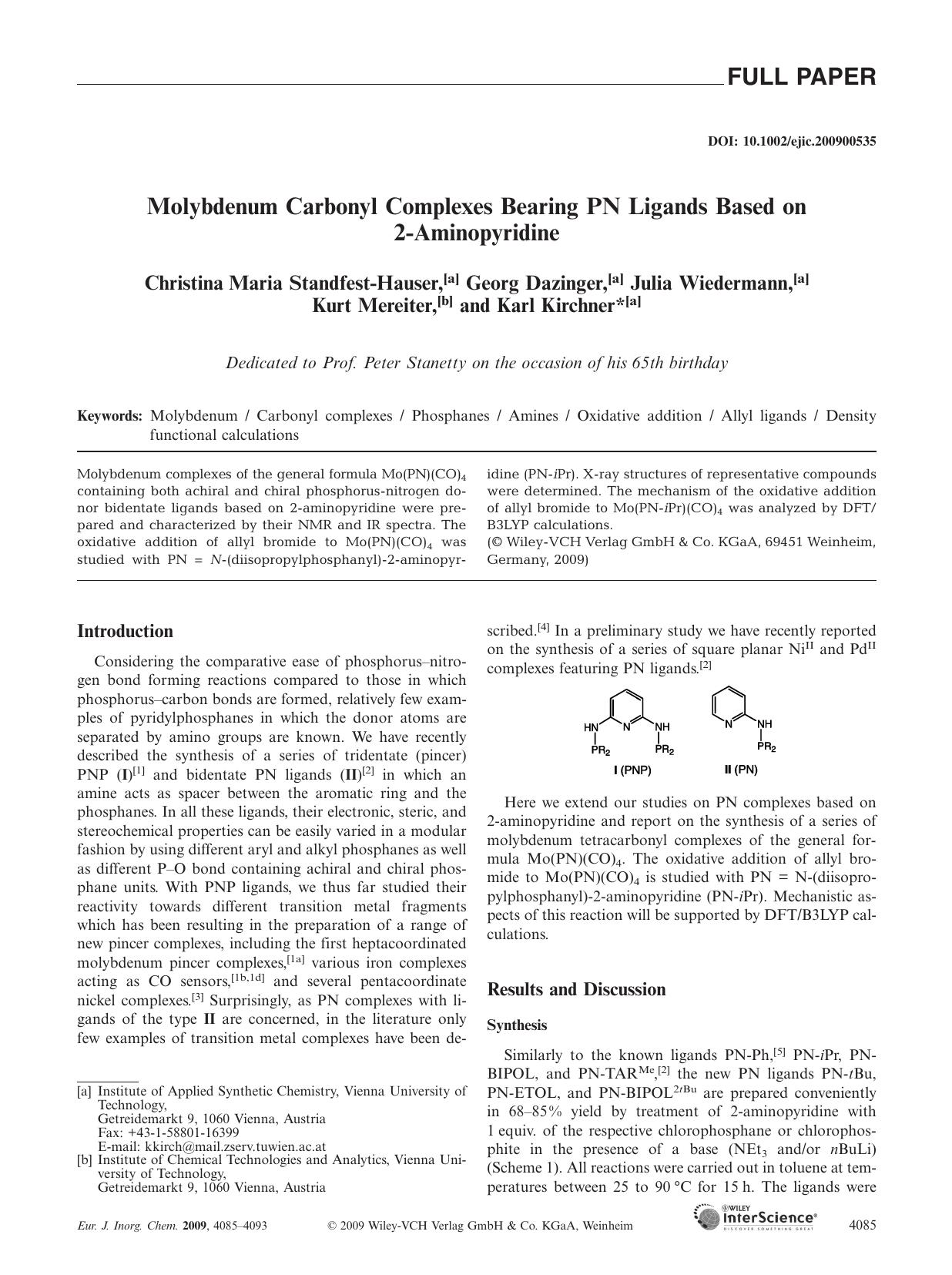 Molybdenum Carbonyl Complexes Bearing PN Ligands Based on 2-Aminopyridine by Unknown