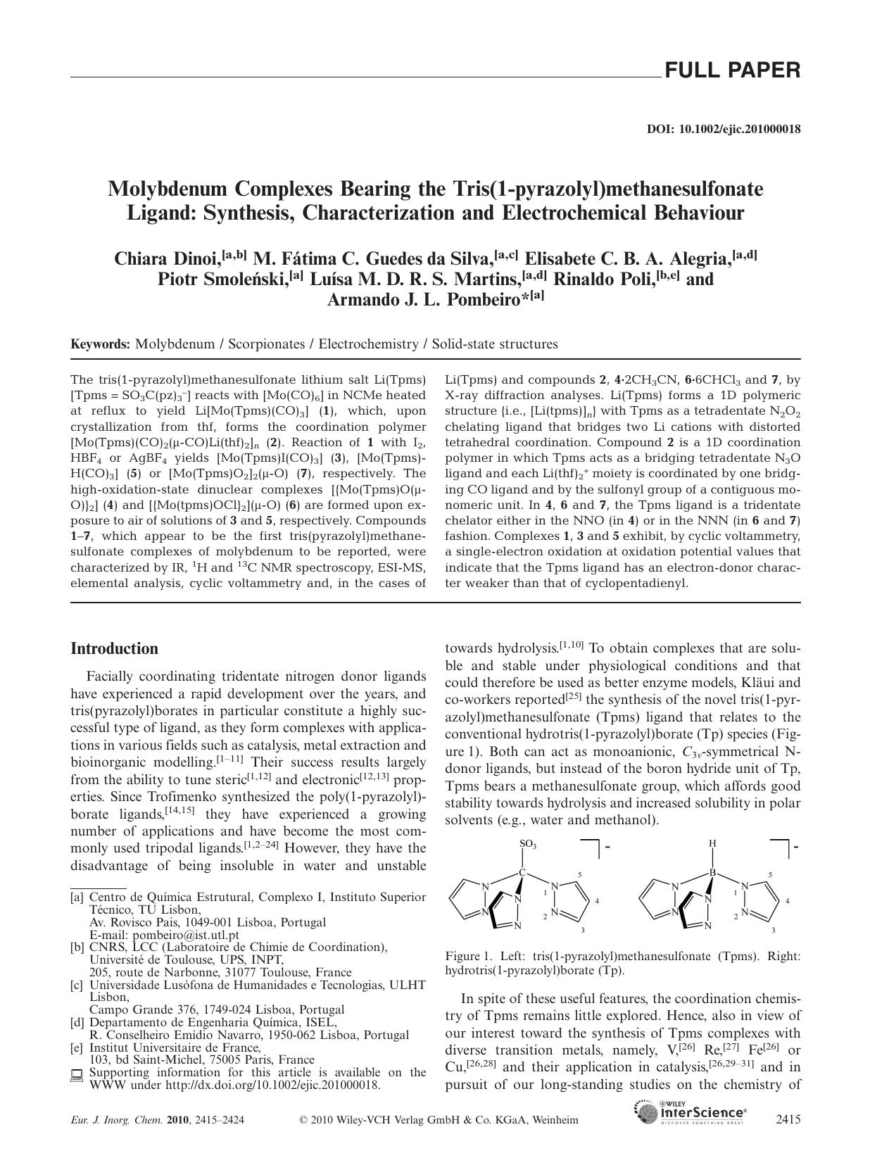 Molybdenum Complexes Bearing the Tris(1pyrazolyl)methanesulfonate Ligand: Synthesis, Characterization and Electrochemical Behaviour by Unknown