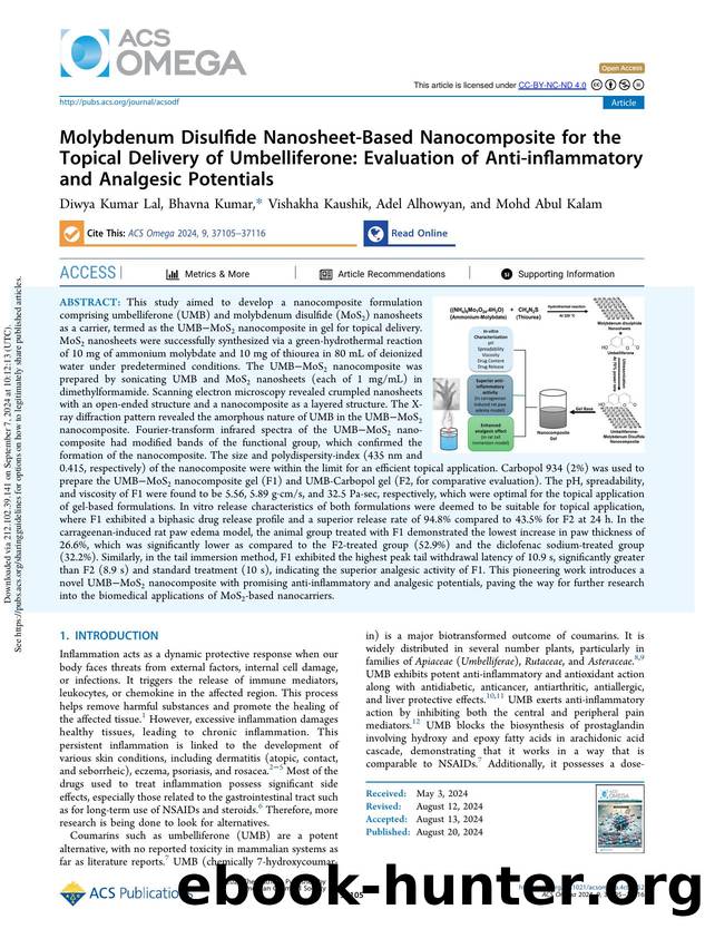 Molybdenum Disulfide Nanosheet-Based Nanocomposite for the Topical Delivery of Umbelliferone: Evaluation of Anti-inflammatory and Analgesic Potentials by Diwya Kumar Lal Bhavna Kumar Vishakha Kaushik Adel Alhowyan & Mohd Abul Kalam