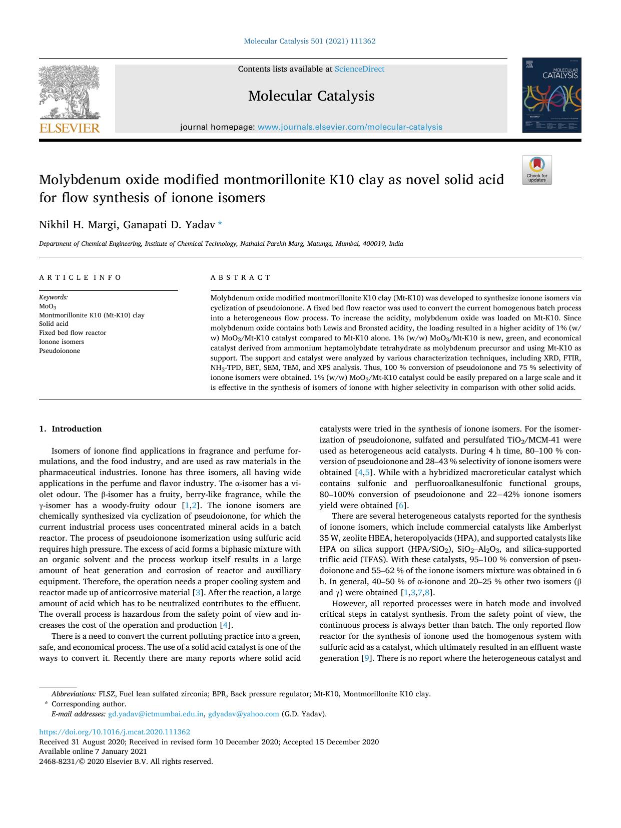 Molybdenum oxide modified montmorillonite K10 clay as novel solid acid for flow synthesis of ionone isomers by Nikhil H. Margi & Ganapati D. Yadav