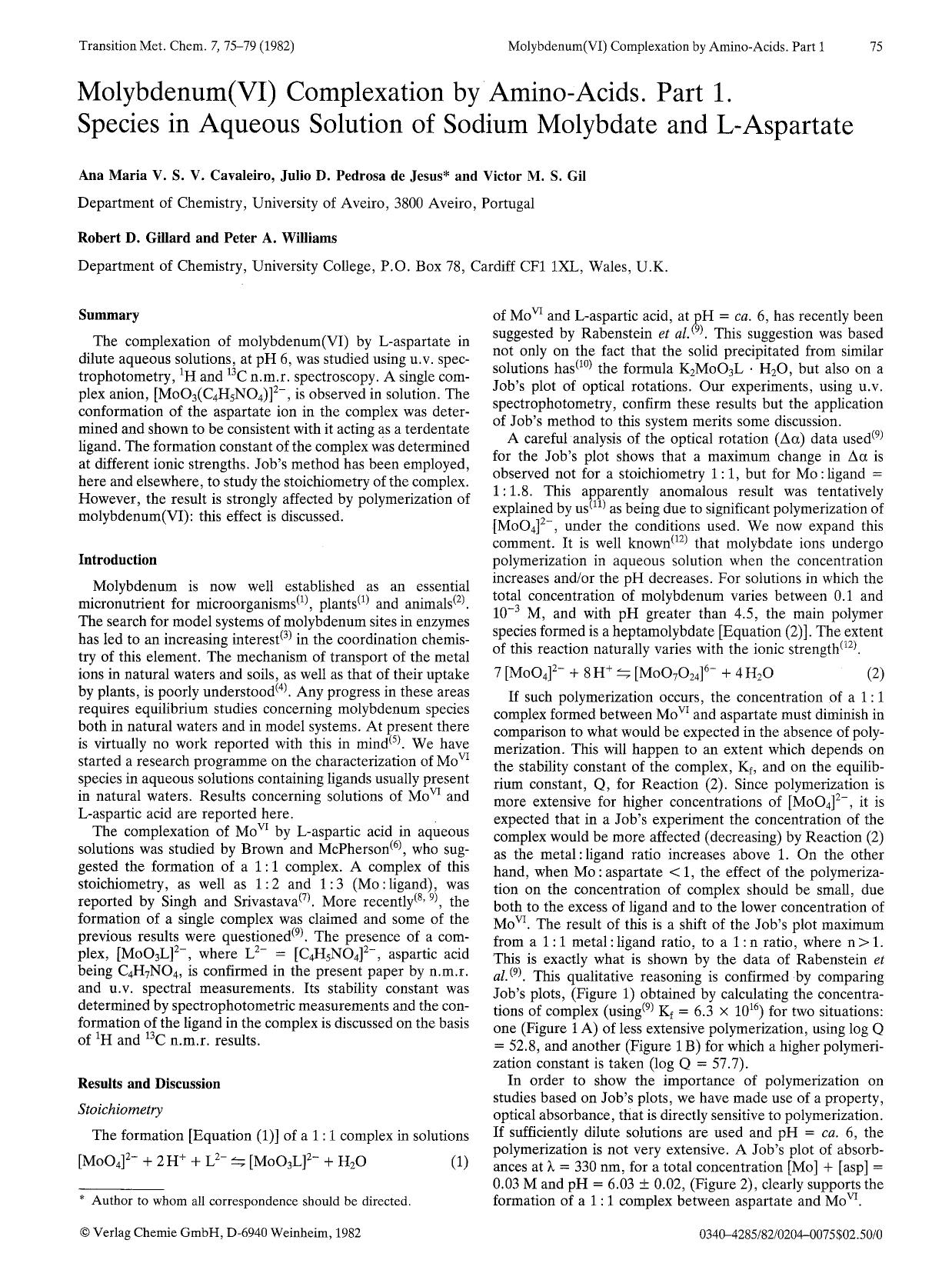 Molybdenum(VI) complexation by amino-acids. Part 1 Species in aqueous solution of sodium molybdate and L-aspartate by Unknown