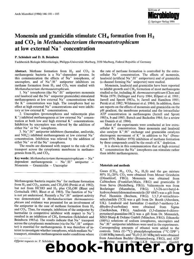 Monensin and gramicidin stimulate CH<Subscript>4<Subscript> formation from H<Subscript>2<Subscript> and CO<Subscript>2<Subscript> in <Emphasis Type="Italic">Methanobacterium thermo by Unknown