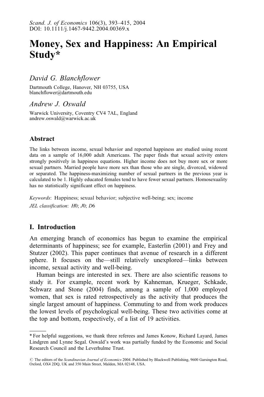 Money, Sex and Happiness by An Empirical Study (2004) by David G. Blanchflower & Andrew J. Oswald