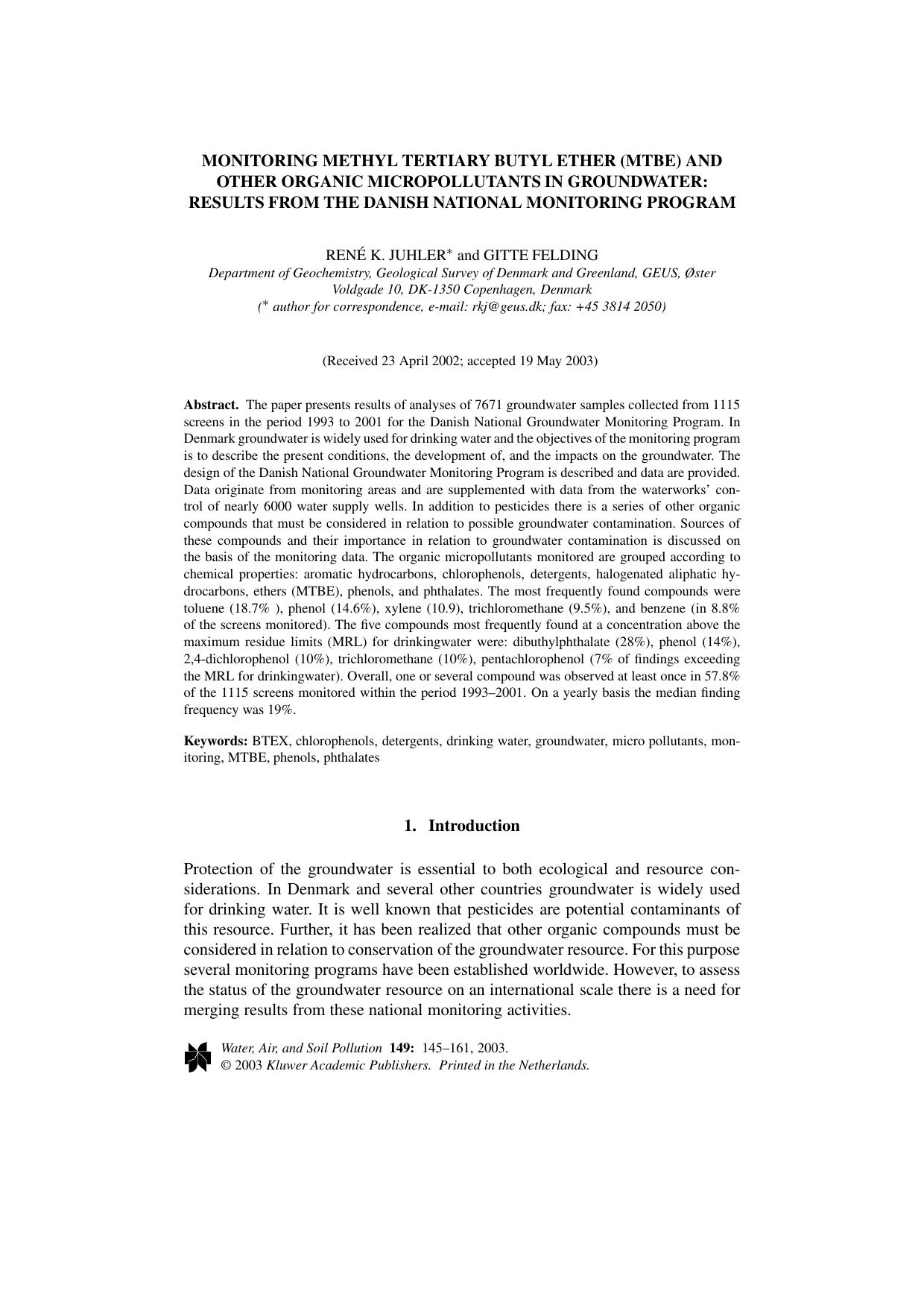 Monitoring Methyl Tertiary Butyl Ether (MTBE) and other Organic Micropollutants in Groundwater: Results from the Danish National Monitoring Program by Unknown