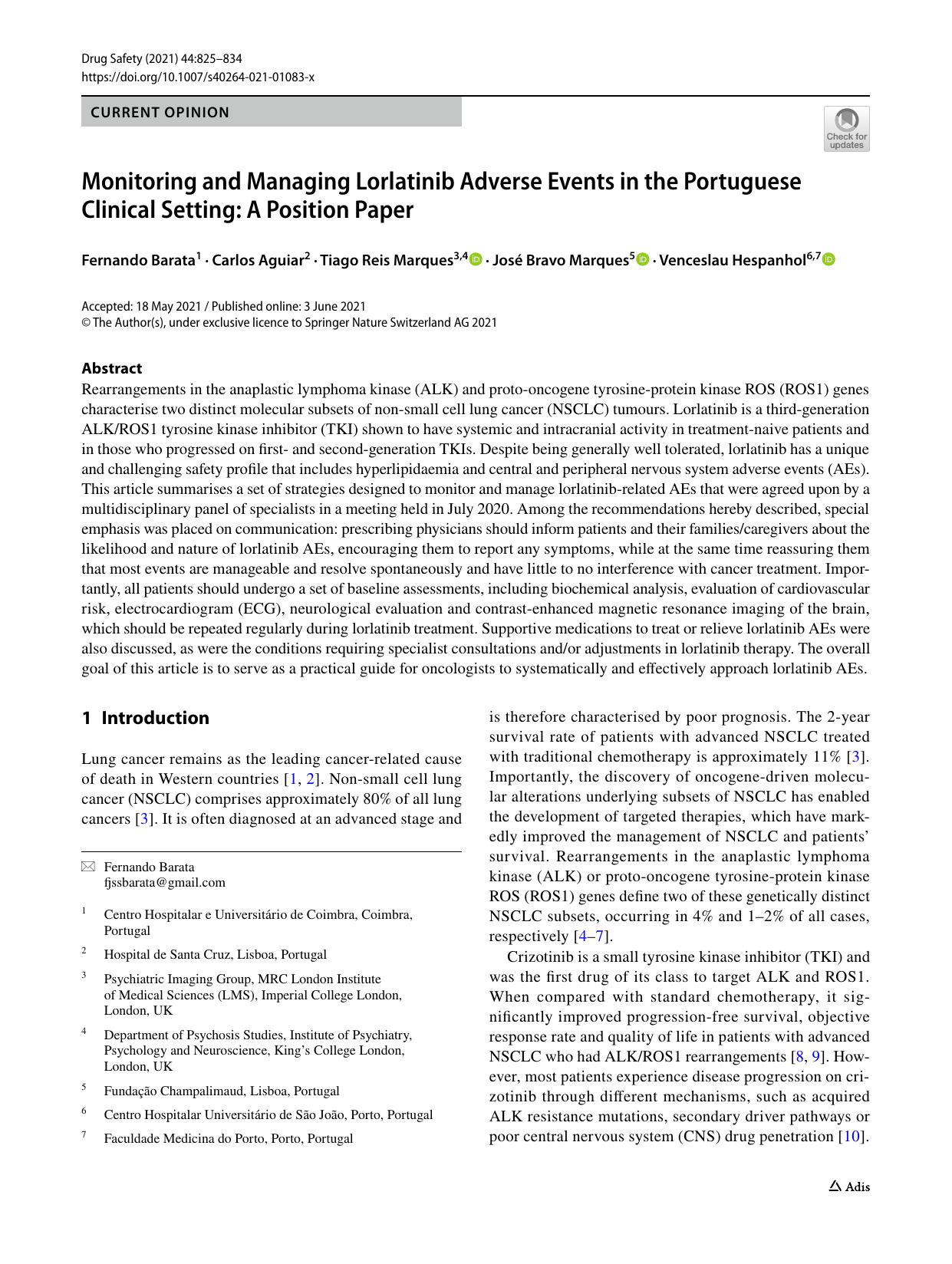 Monitoring and Managing Lorlatinib Adverse Events in the Portuguese Clinical Setting: A Position Paper by Fernando Barata & Carlos Aguiar & Tiago Reis Marques & José Bravo Marques & Venceslau Hespanhol