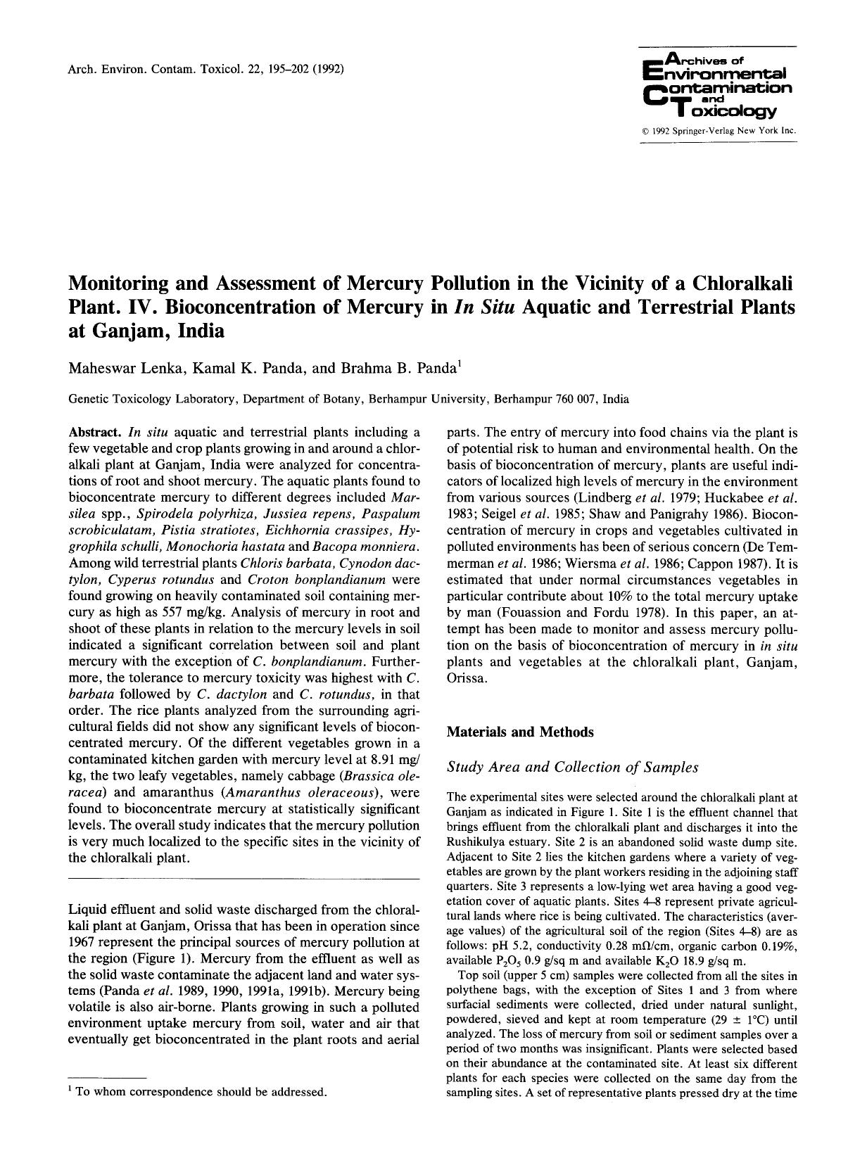 Monitoring and assessment of mercury pollution in the vicinity of a chloralkali plant. IV. Bioconcentration of mercury in <Emphasis Type="Italic">in situ <Emphasis> aquatic and te by Unknown