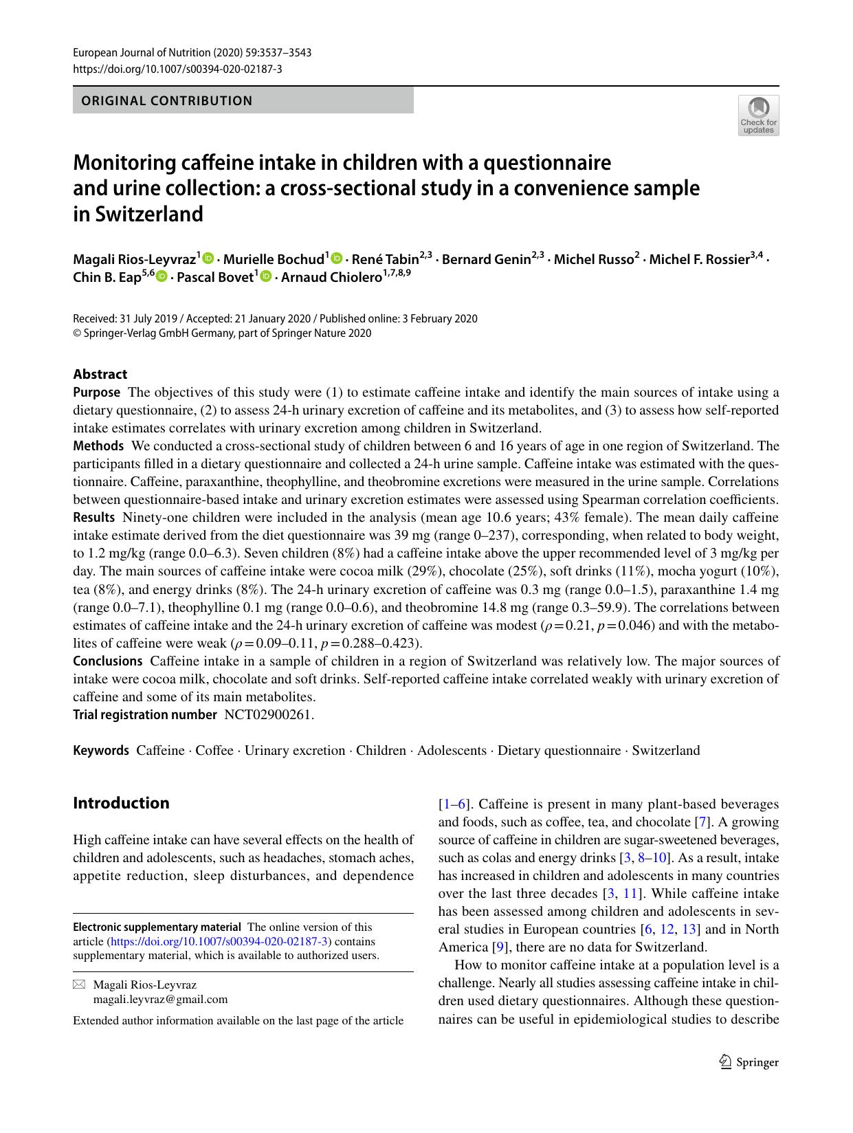 Monitoring caffeine intake in children with a questionnaire and urine collection: a cross-sectional study in a convenience sample in Switzerland by unknow