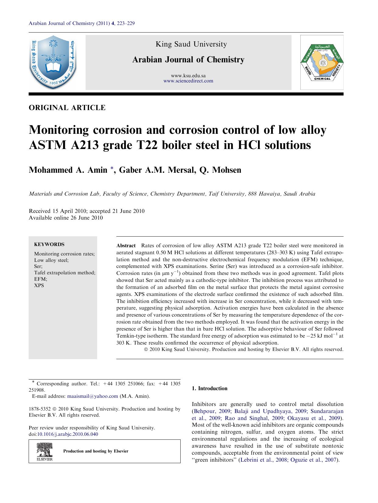 Monitoring corrosion and corrosion control of low alloy ASTM A213 grade T22 boiler steel in HCl solutions by Mohammed A. Amin & Gaber A.M. Mersal & Q. Mohsen