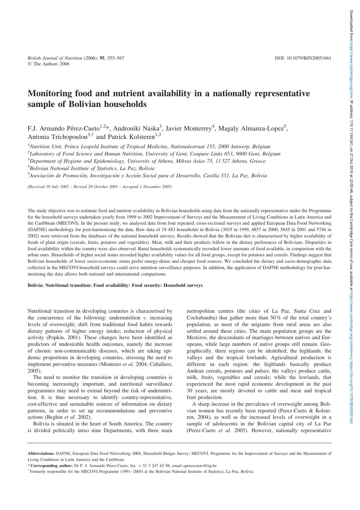 Monitoring food and nutrient availability in a nationally representative sample of Bolivian households by unknow