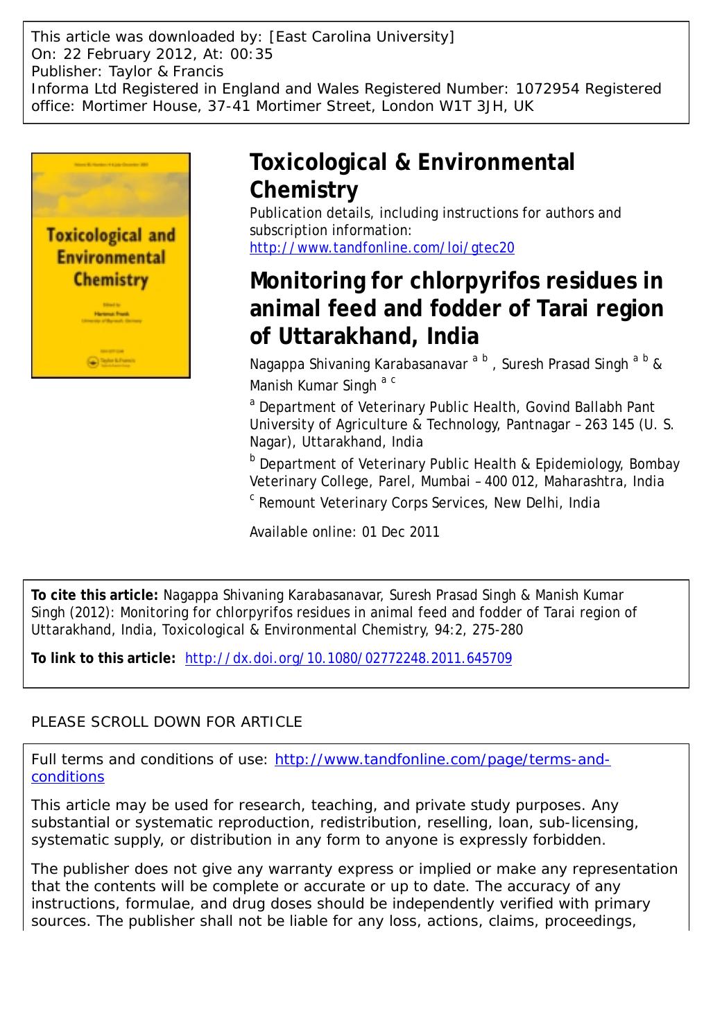 Monitoring for chlorpyrifos residues in animal feed and fodder of Tarai region of Uttarakhand, India by unknow