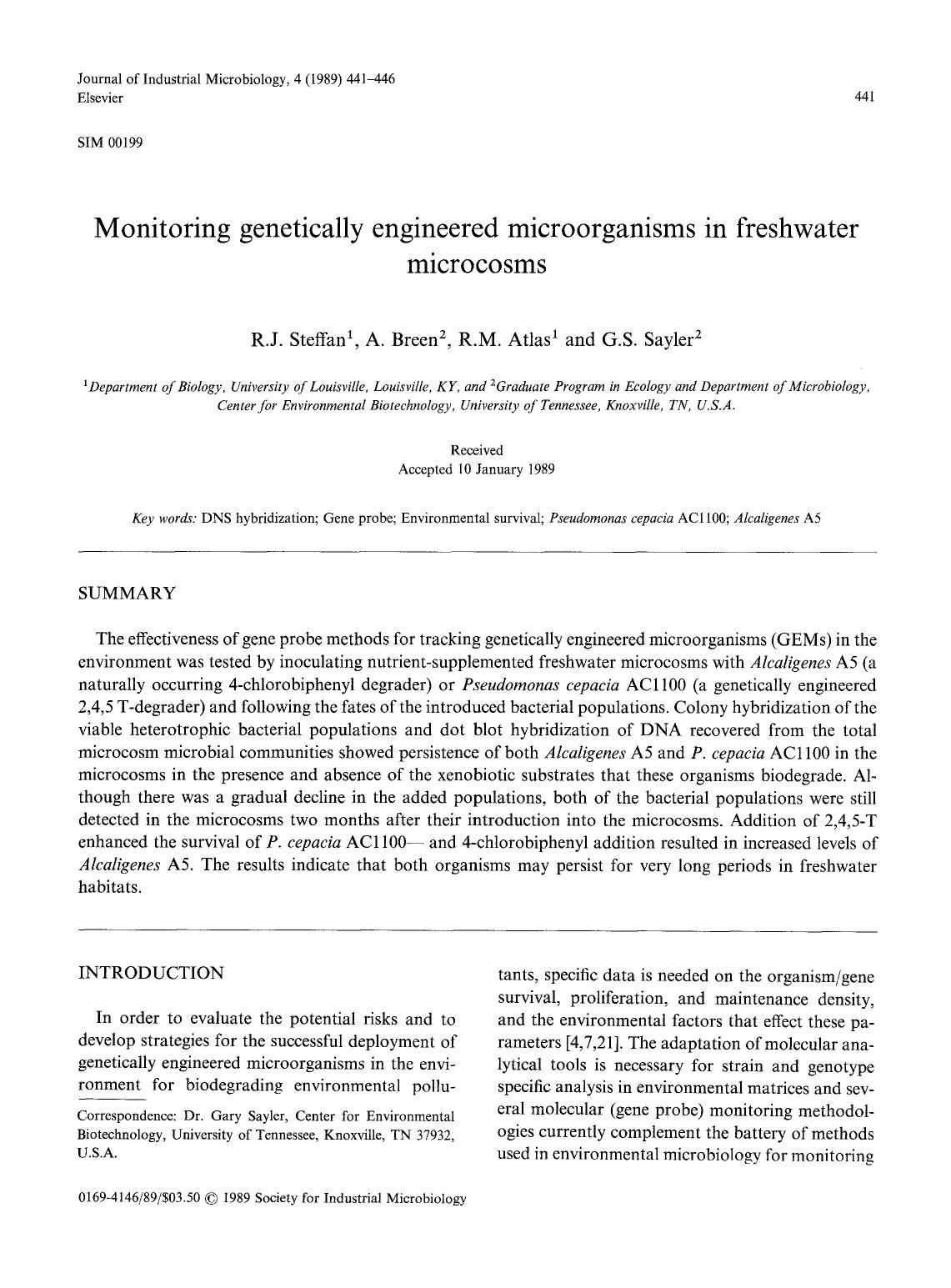Monitoring genetically engineered microorganisms in freshwater microcosms by Unknown