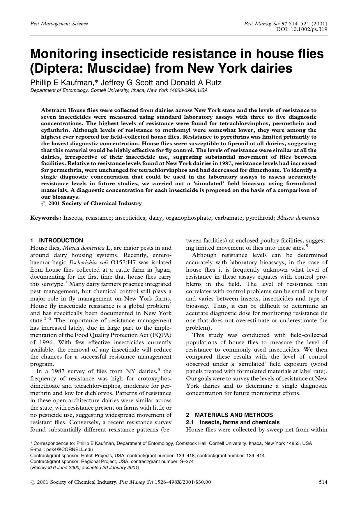 Monitoring insecticide resistance in house flies (Diptera: Muscidae) from New York dairies by Unknown