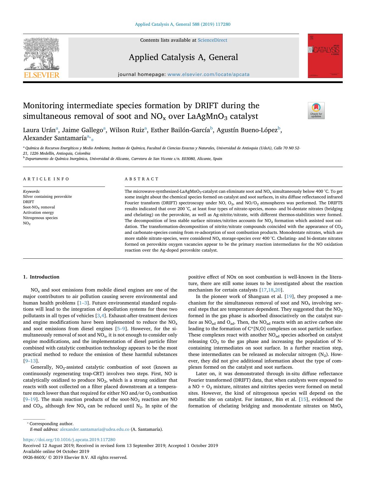 Monitoring intermediate species formation by DRIFT during the simultaneous removal of soot and NOx over LaAgMnO3 catalyst by unknow