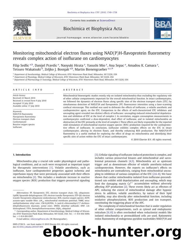 Monitoring mitochondrial electron fluxes using NAD(P)H-flavoprotein fluorometry reveals complex action of isoflurane on cardiomyocytes by unknow