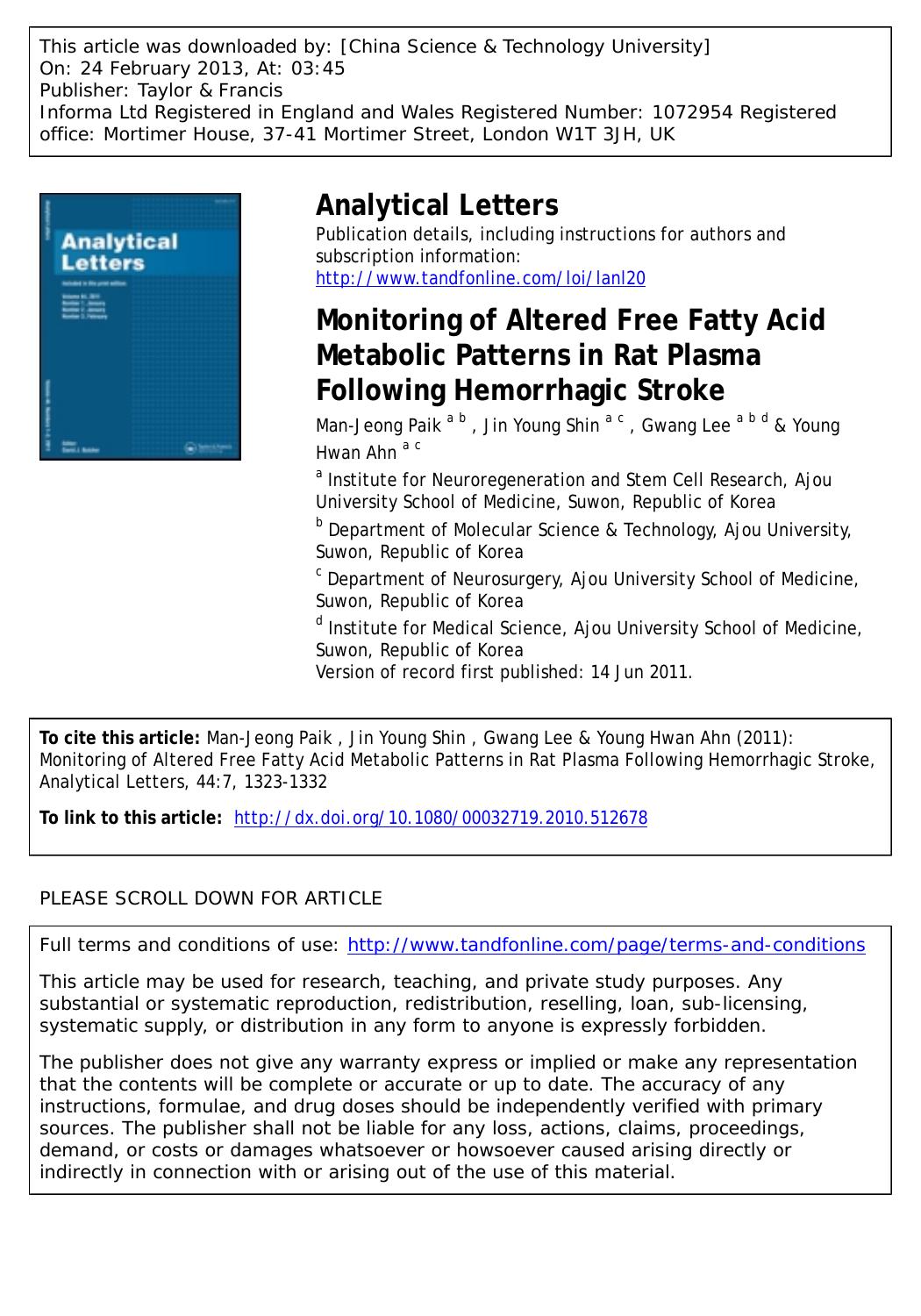 Monitoring of Altered Free Fatty Acid Metabolic Patterns in Rat Plasma Following Hemorrhagic Stroke by Man-Jeong Paik Jin Young Shin Gwang Lee & Young Hwan Ahn