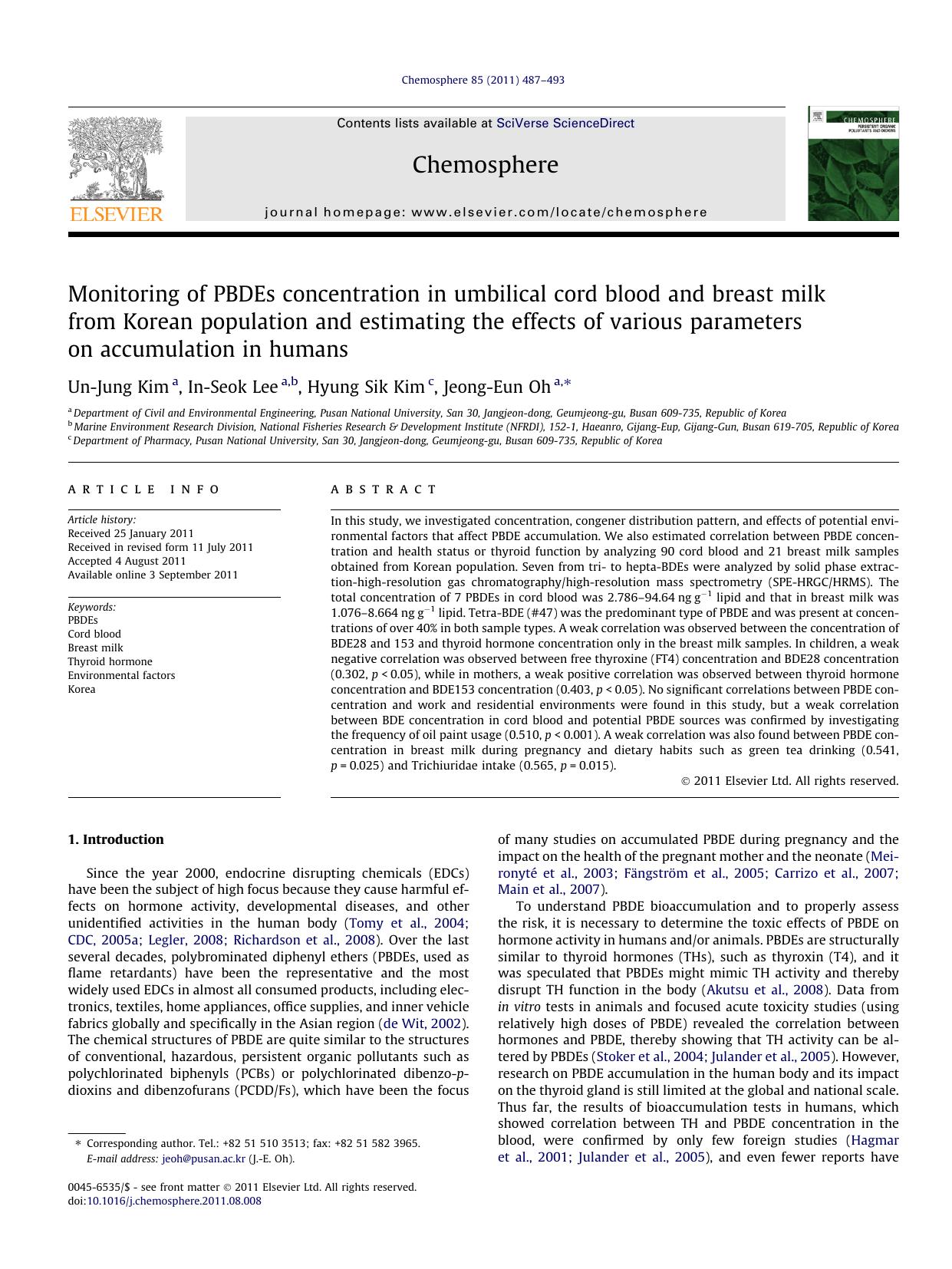 Monitoring of PBDEs concentration in umbilical cord blood and breast milk from Korean population and estimating the effects of various parameters on accumulation in humans by Un-Jung Kim & In-Seok Lee & Hyung Sik Kim & Jeong-Eun Oh