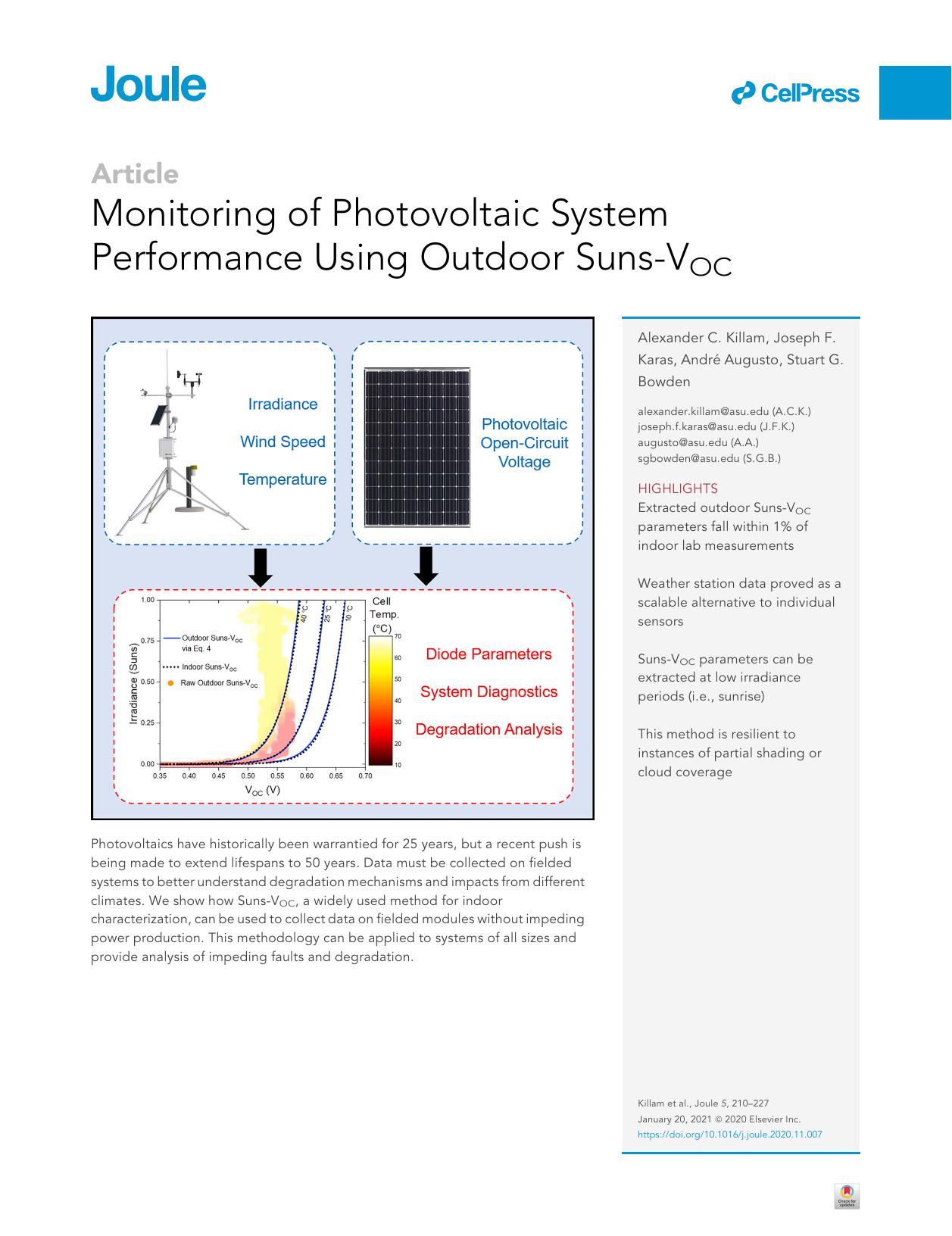 Monitoring of Photovoltaic System Performance Using Outdoor Suns-VOC by Alexander C. Killam & Joseph F. Karas & André Augusto & Stuart G. Bowden