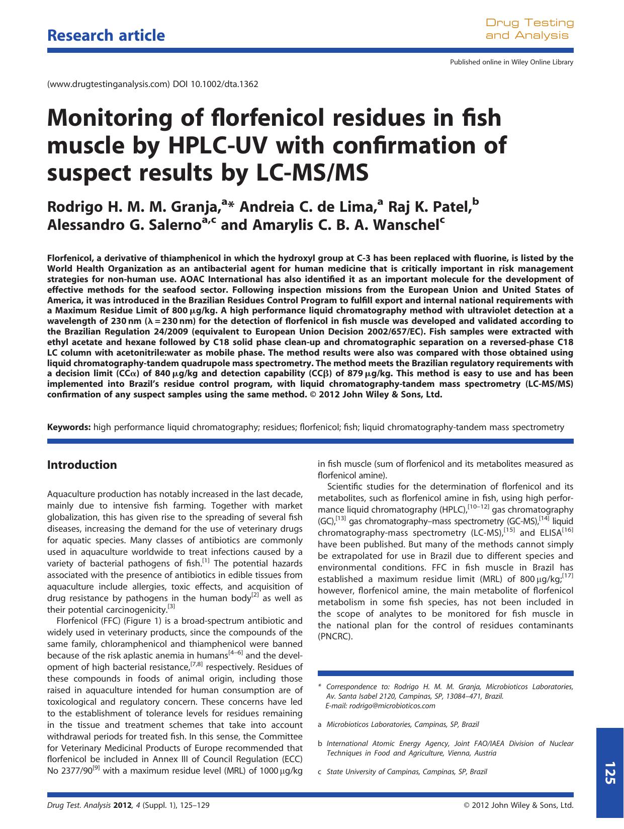 Monitoring of florfenicol residues in fish muscle by HPLCUV with confirmation of suspect results by LCMSMS by Unknown