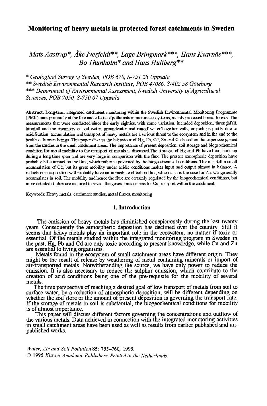 Monitoring of heavy metals in protected forest catchments in Sweden by Unknown