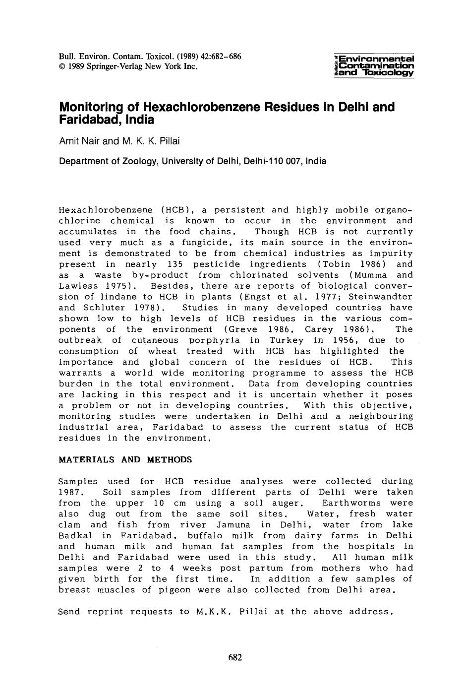 Monitoring of hexachlorobenzene residues in Delhi and Faridabad, India by Unknown