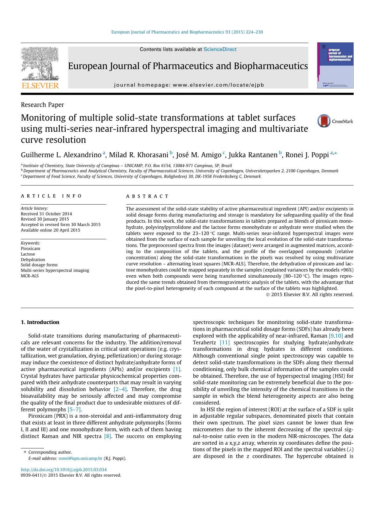 Monitoring of multiple solid-state transformations at tablet surfaces using multi-series near-infrared hyperspectral imaging and multivariate curve resolution by Guilherme L. Alexandrino & Milad R. Khorasani & José M. Amigo & Jukka Rantanen & Ronei J. Poppi