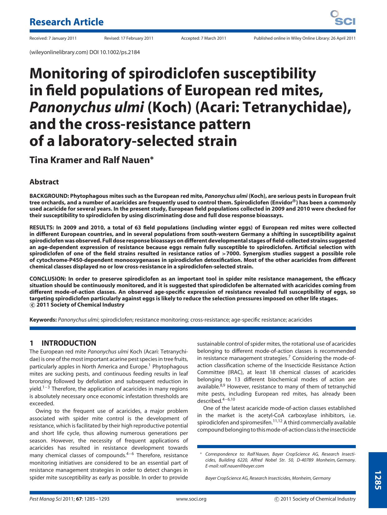 Monitoring of spirodiclofen susceptibility in field populations of European red mites, Panonychus ulmi (Koch) (Acari: Tetranychidae), and the crossresistance pattern of a laboratoryselected strain by Unknown
