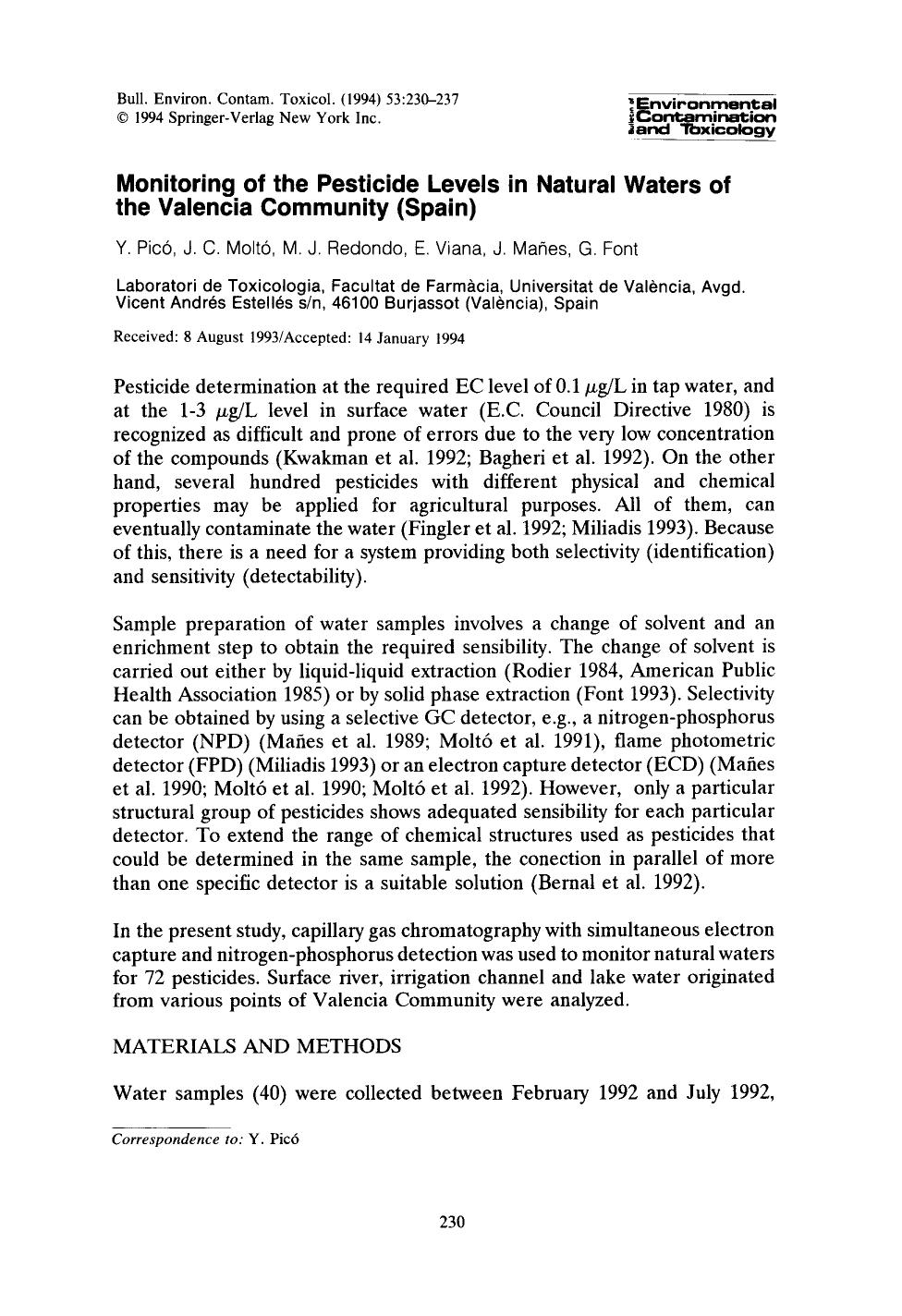 Monitoring of the pesticide levels in natural waters of the Valencia Community (Spain) by Unknown