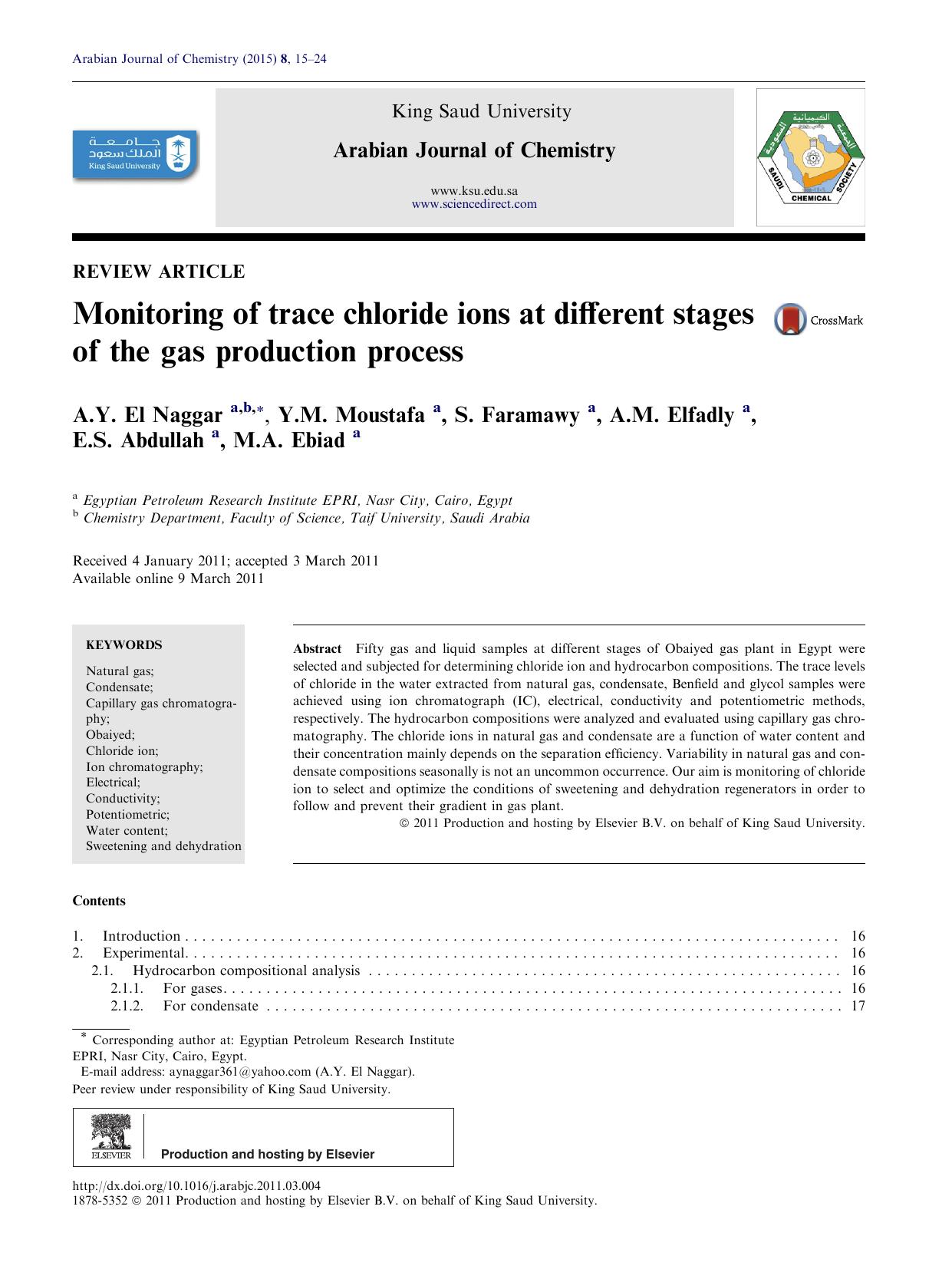 Monitoring of trace chloride ions at different stages of the gas production process by A.Y. El Naggar & Y.M. Moustafa & S. Faramawy & A.M. Elfadly & E.S. Abdullah & M.A. Ebiad
