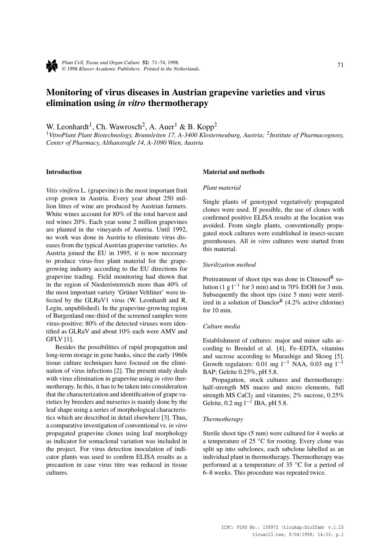 Monitoring of virus diseases in Austrian grapevine varieties and virus elimination using in vitro thermotherapy by Unknown