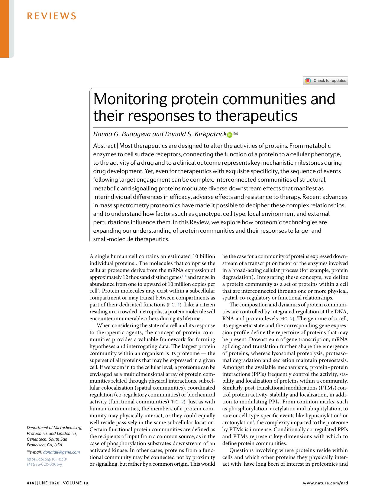 Monitoring protein communities and their responses to therapeutics by Hanna G. Budayeva & Donald S. Kirkpatrick
