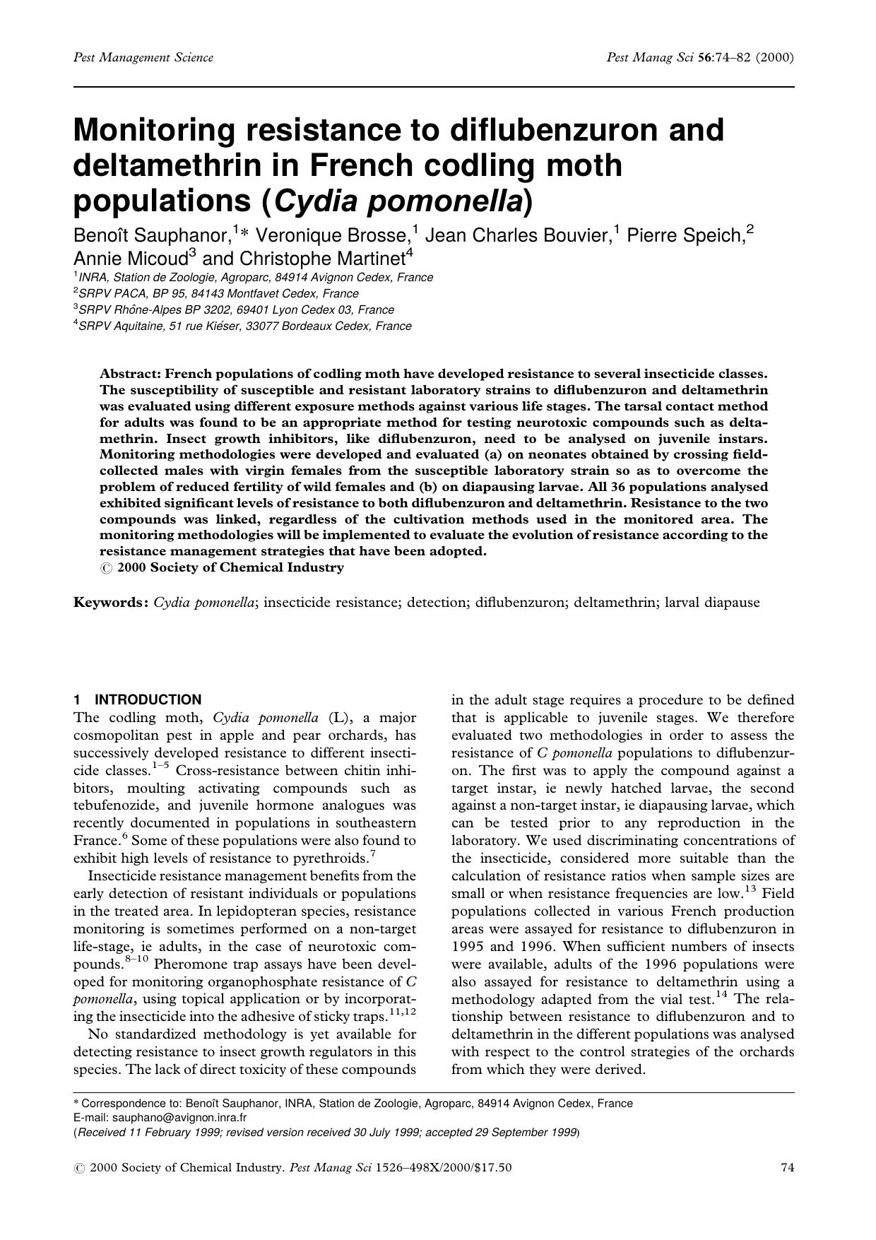 Monitoring resistance to diflubenzuron and deltamethrin in French codling moth populations (Cydia pomonella) by Unknown