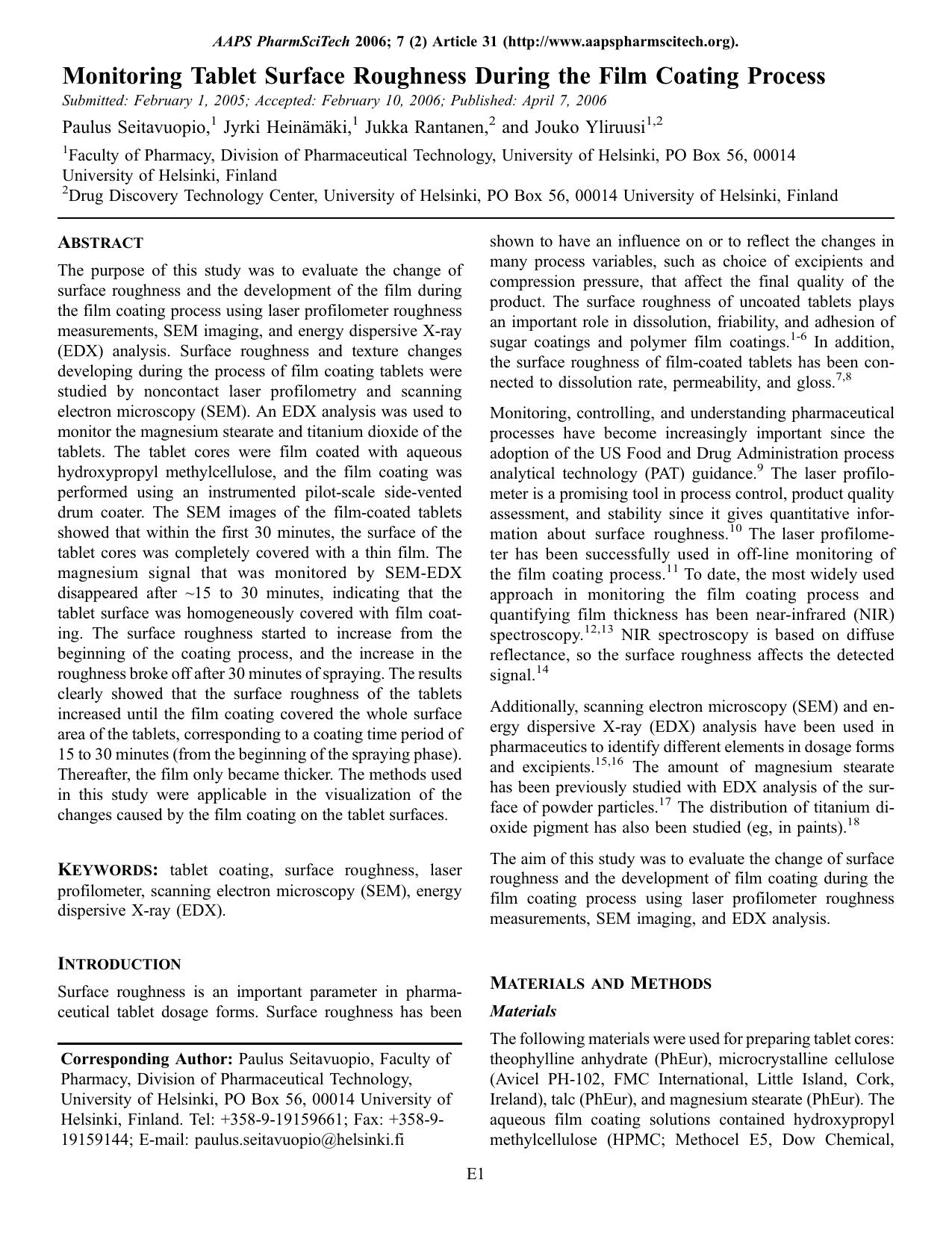 Monitoring tablet surface roughness during the film coating process by Unknown