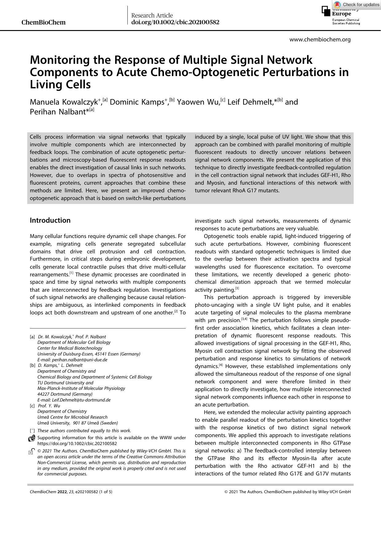 Monitoring the Response of Multiple Signal Network Components to Acute ChemoâOptogenetic Perturbations in Living Cells by Unknown